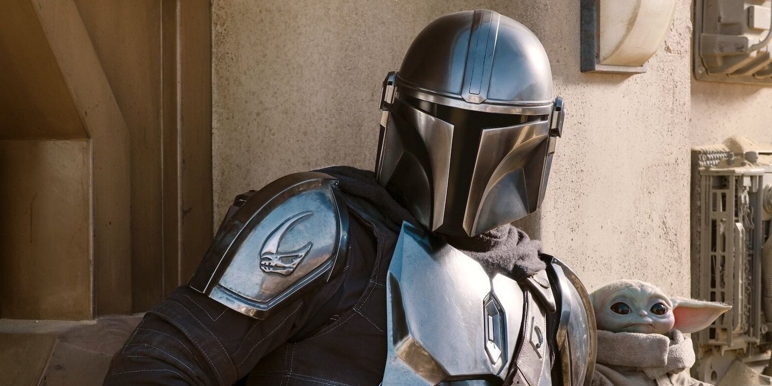 Shot from The Mandalorian of Mando with Grogu.