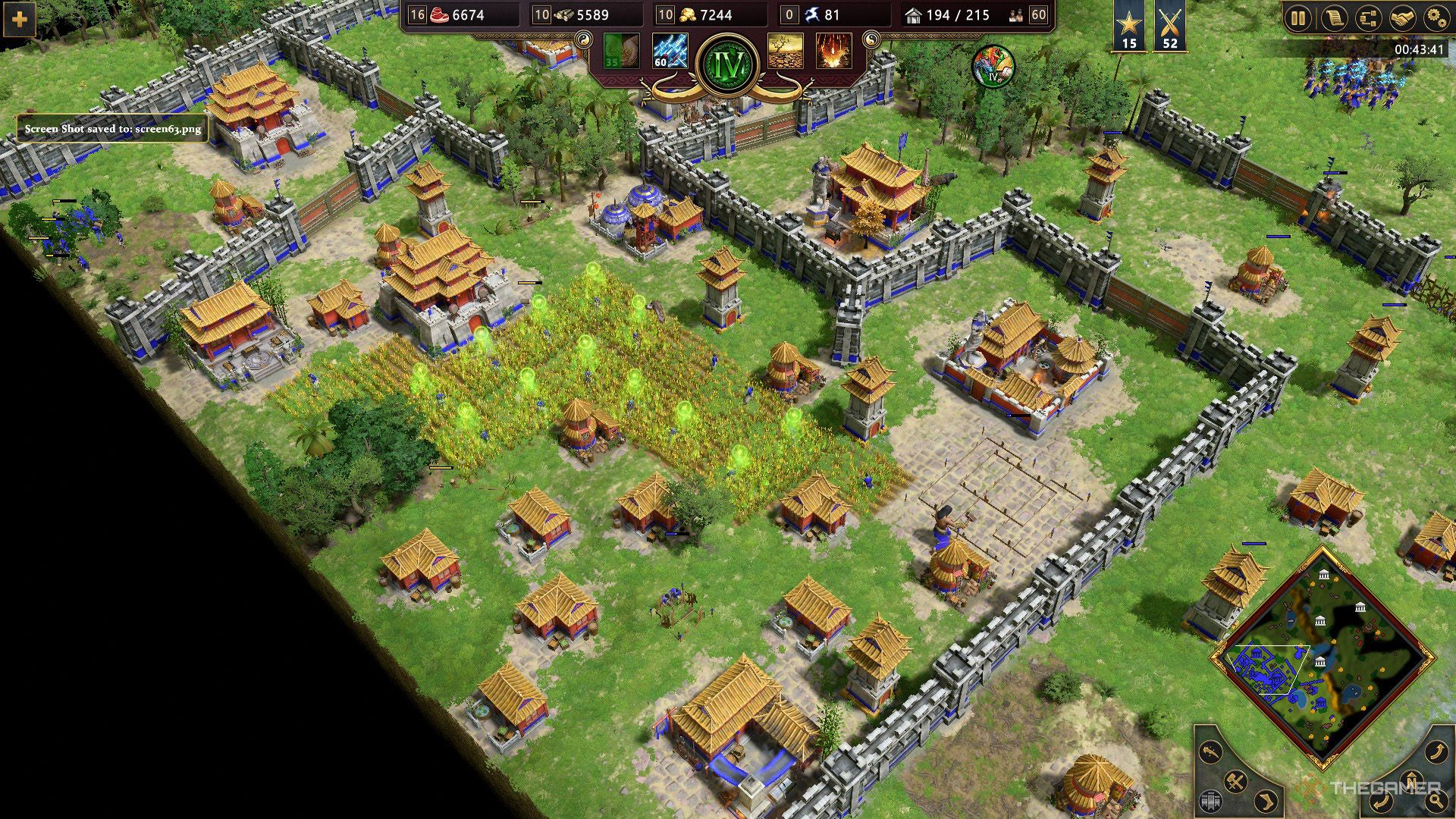 The player builds several layers of walls to protect their farms in Age of Mythology - Retold
