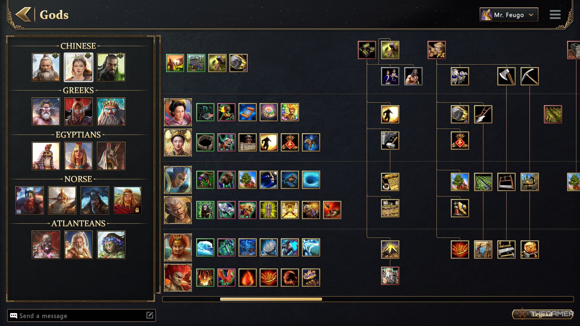 The player checks the tech tree of the Nuwa's minor gods in Age of Mythology - Retold