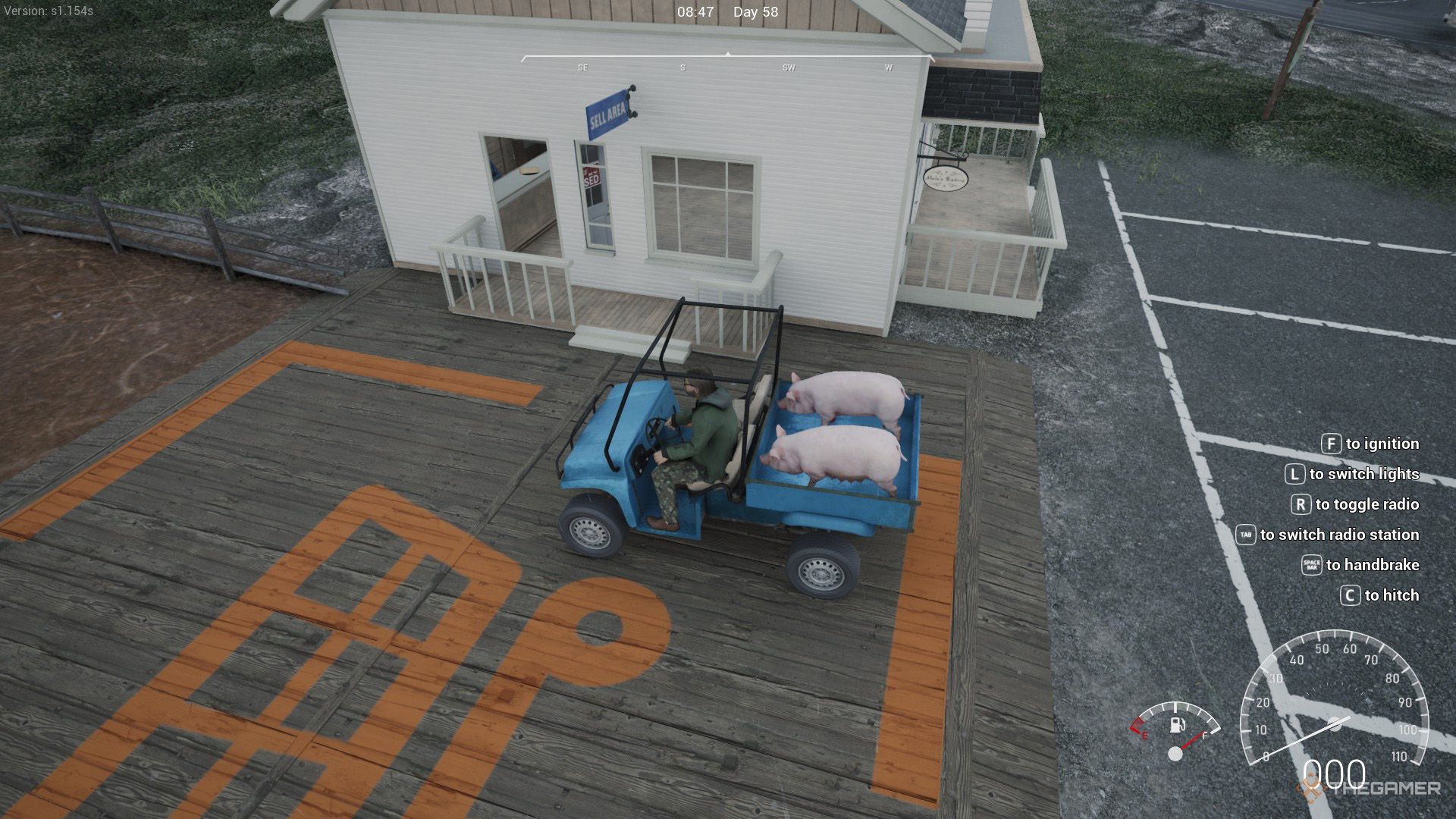The player drives an UTV and carries two pigs behind it in Ranch Simulator