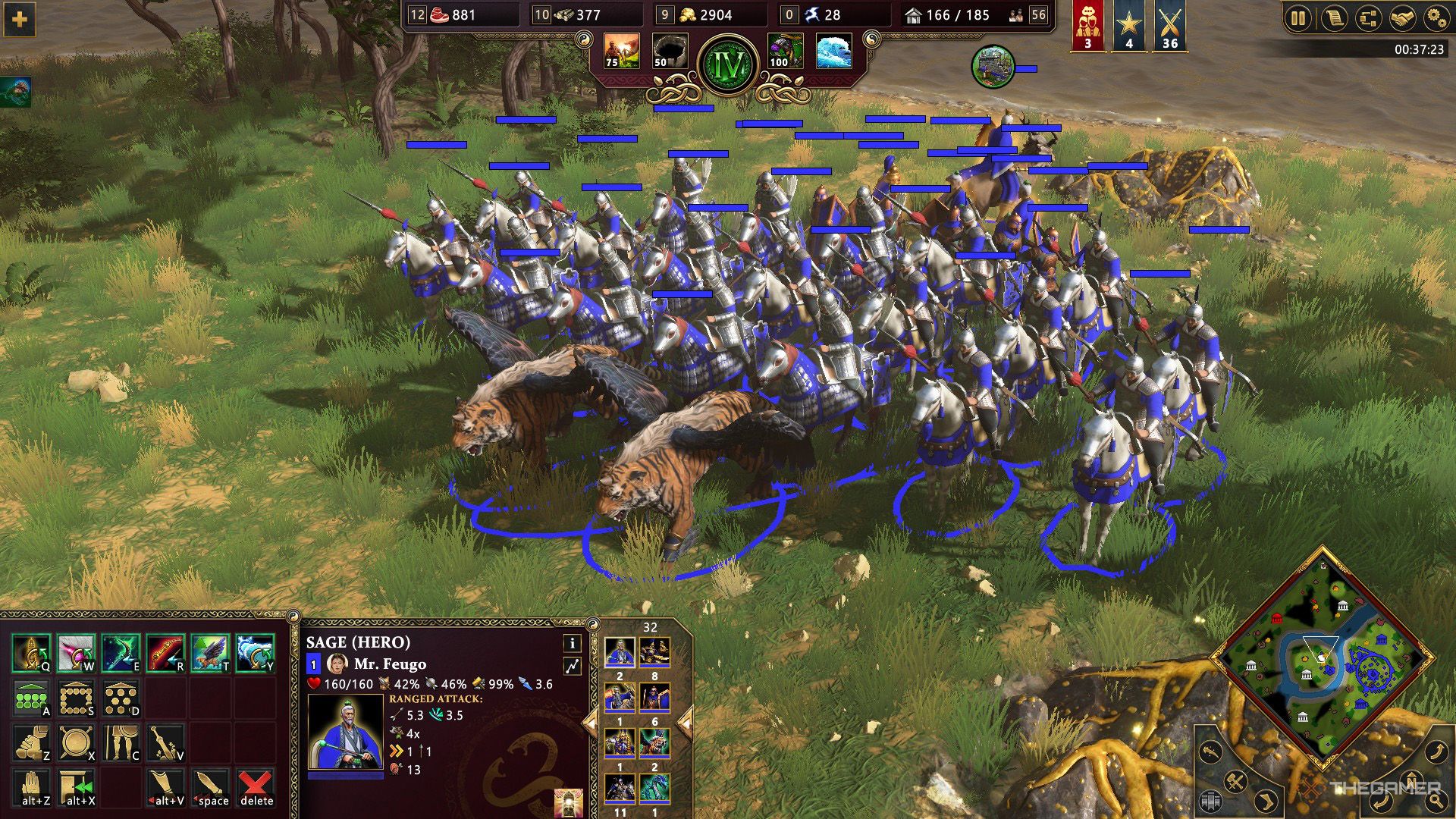 The player has a small army that includes White Horse Cavalry and Tiger Cavalry in Age of Mythology - Retold