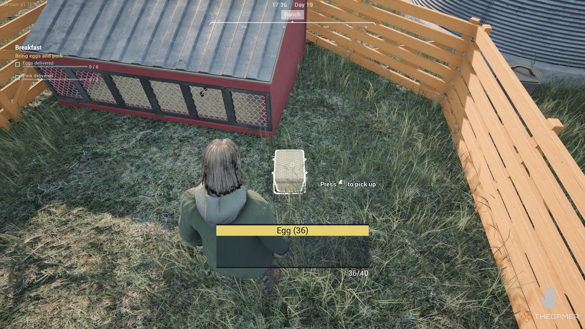 The player is interacting with a basket that contains 36 eggs in Ranch Simulator