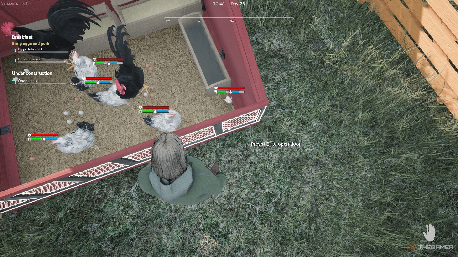 The player is looking at a coop that contains roosters, chickens and one chick in Ranch Simulator