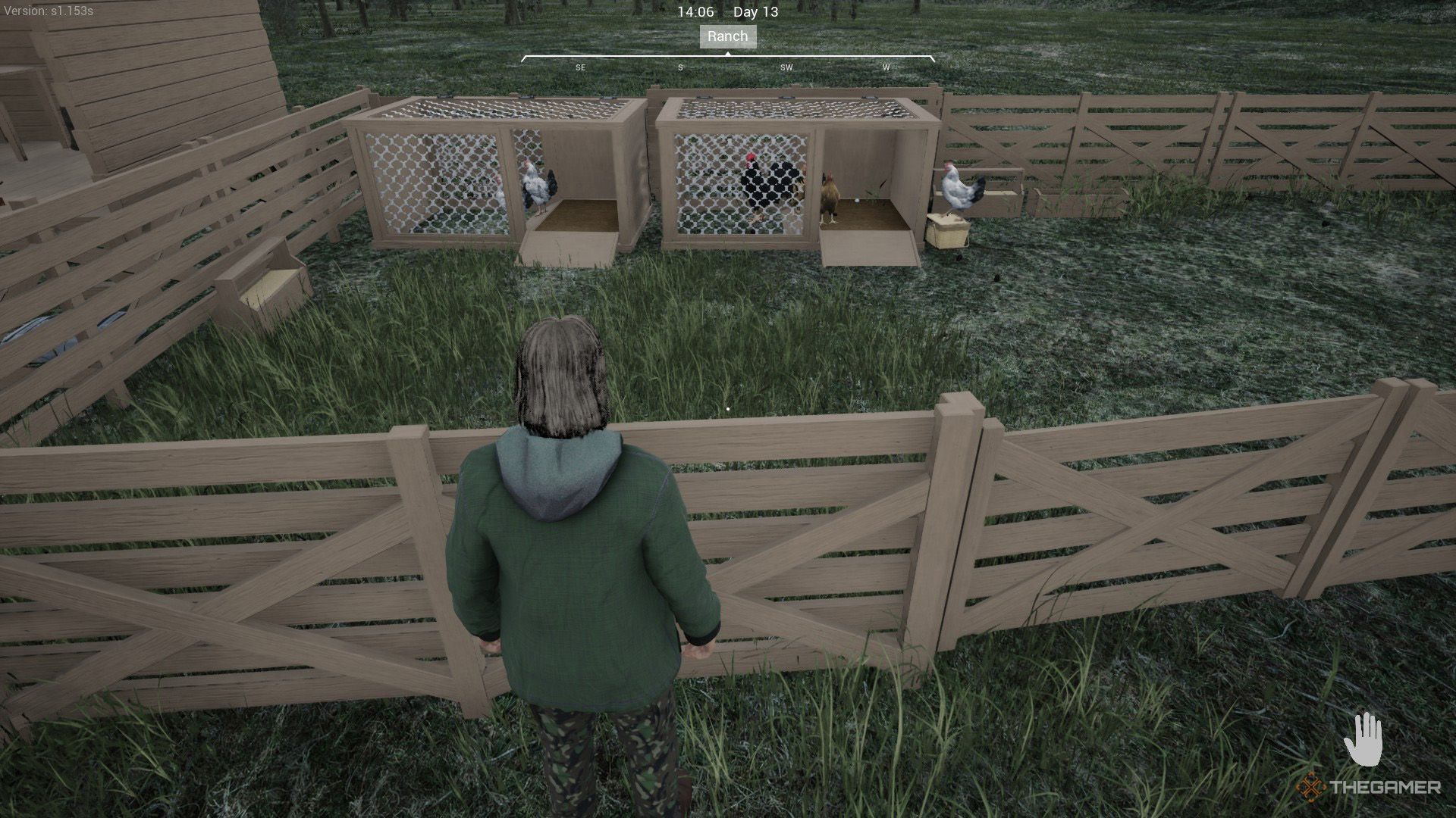 The player is looking at his chickens that are around two coops in Ranch Simulator