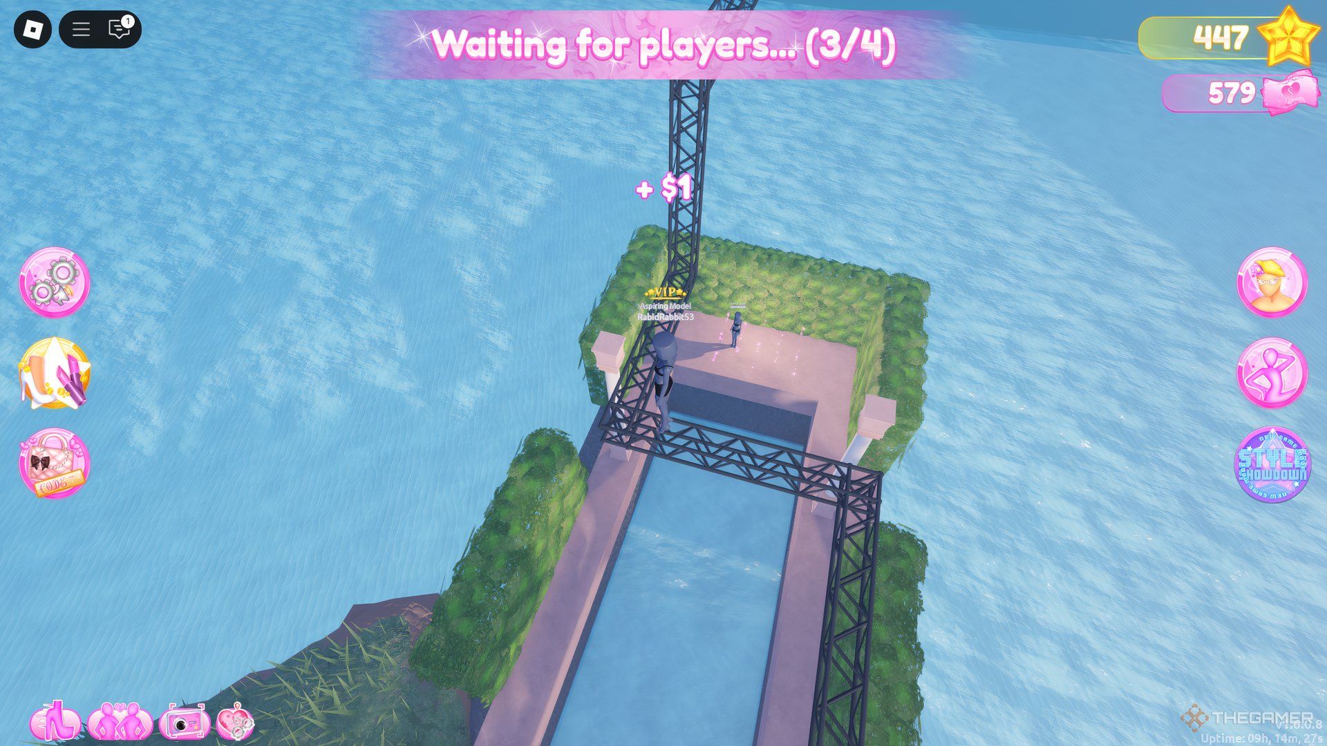 The player is plaforming to get the money on a platform in Roblox Dress To Impress.