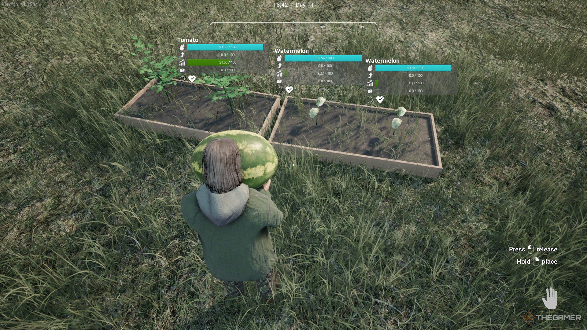 The player is standing in front of the plant crops while holding a watermelon in Ranch Simulator