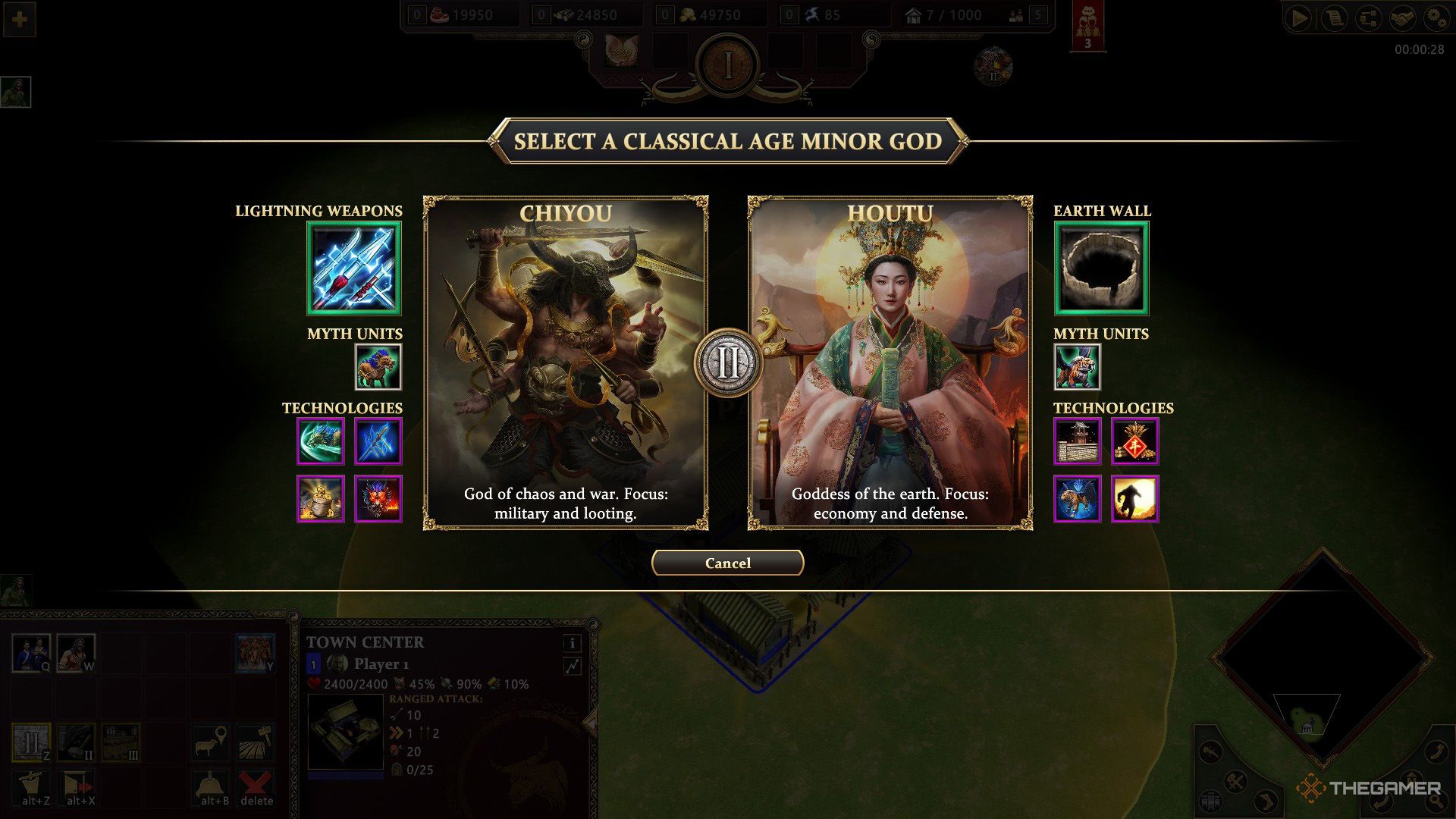 The player reaches the Classical Age and needs to select either Houtu or Chiyou in Age of Mythology - Retold