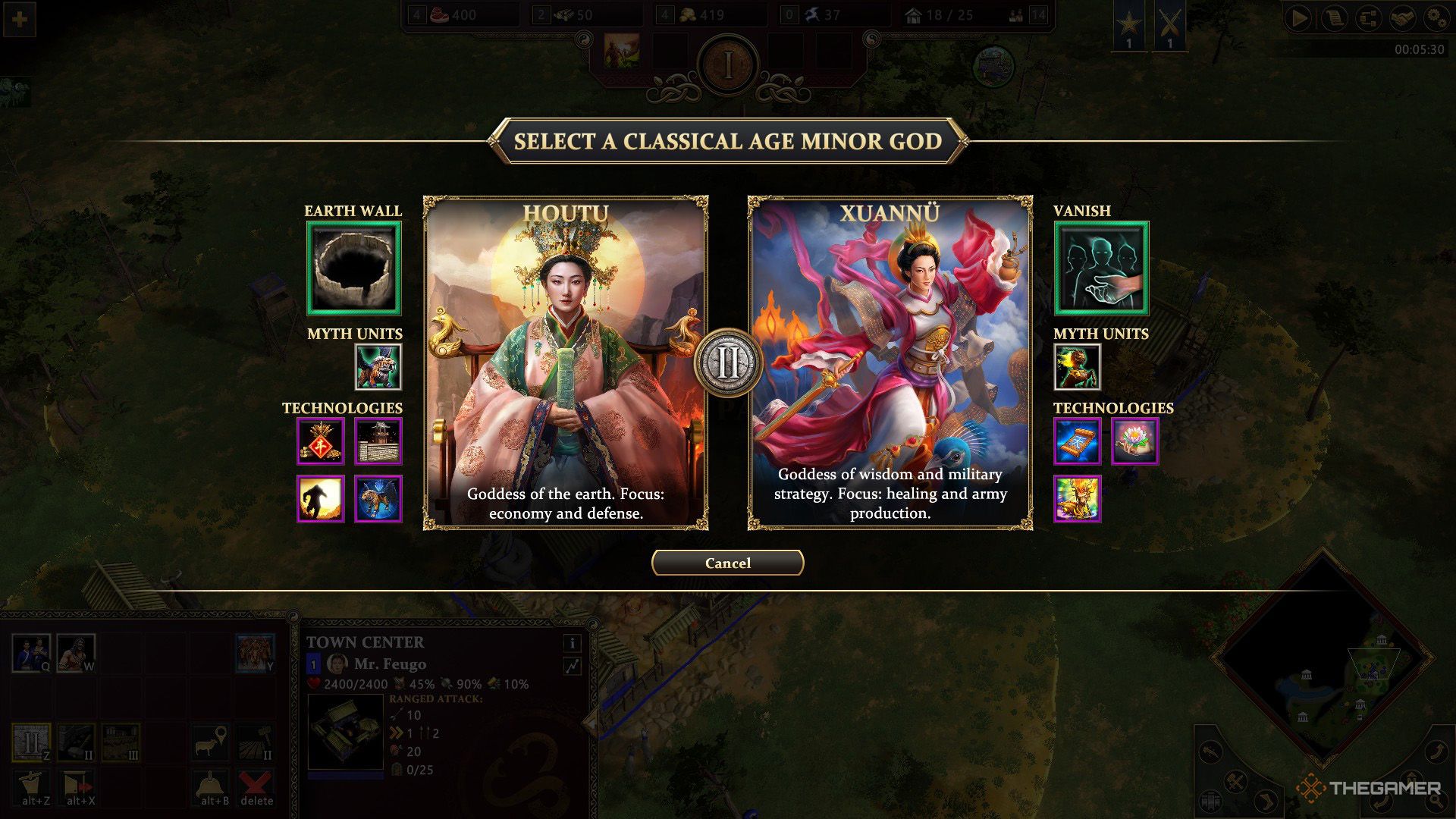 The player reaches the Classical Age and needs to select either Houtu or Xuannu in Age of Mythology - Retold