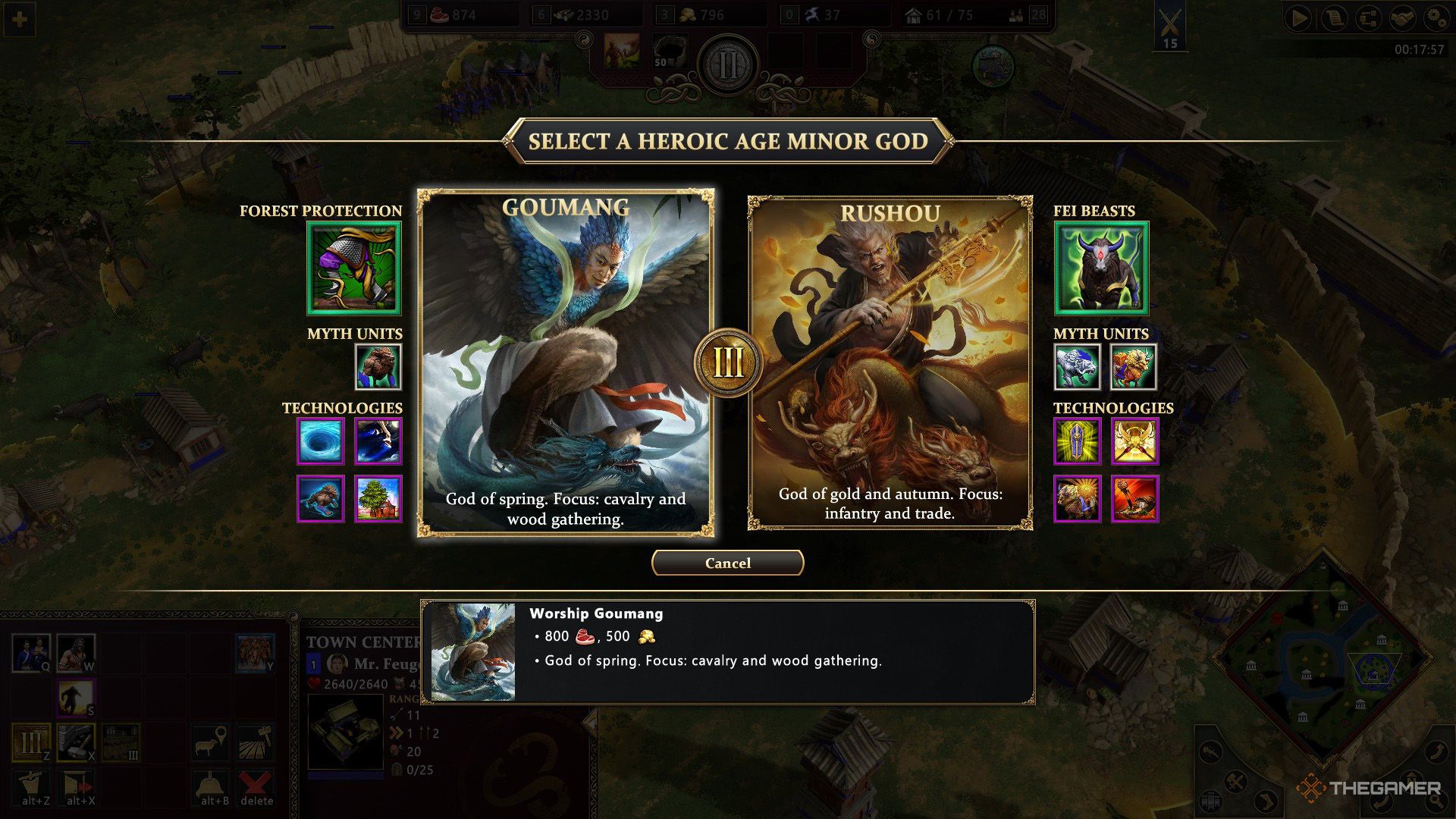 The player reaches the Heroic Age and needs to select either Goumang or Rushou in Age of Mythology - Retold