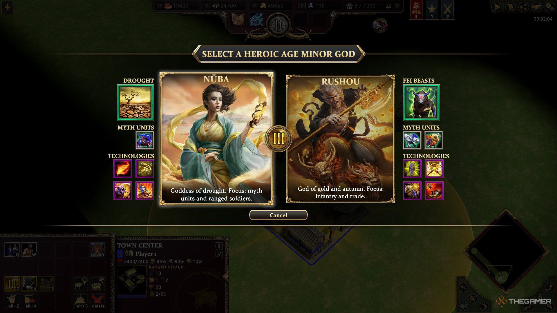 The player reaches the Heroic Age and needs to select either Nuba or Rushou in Age of Mythology - Retold