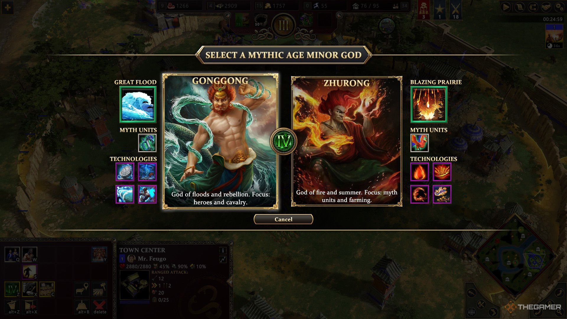 The player reaches the Mythic Age and needs to select either Gonggong or Zhurong in Age of Mythology - Retold