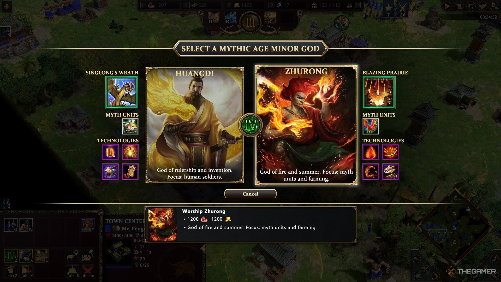 The player reaches the Mythic Age and needs to select either Hunagdi or Zhurong in Age of Mythology - Retold