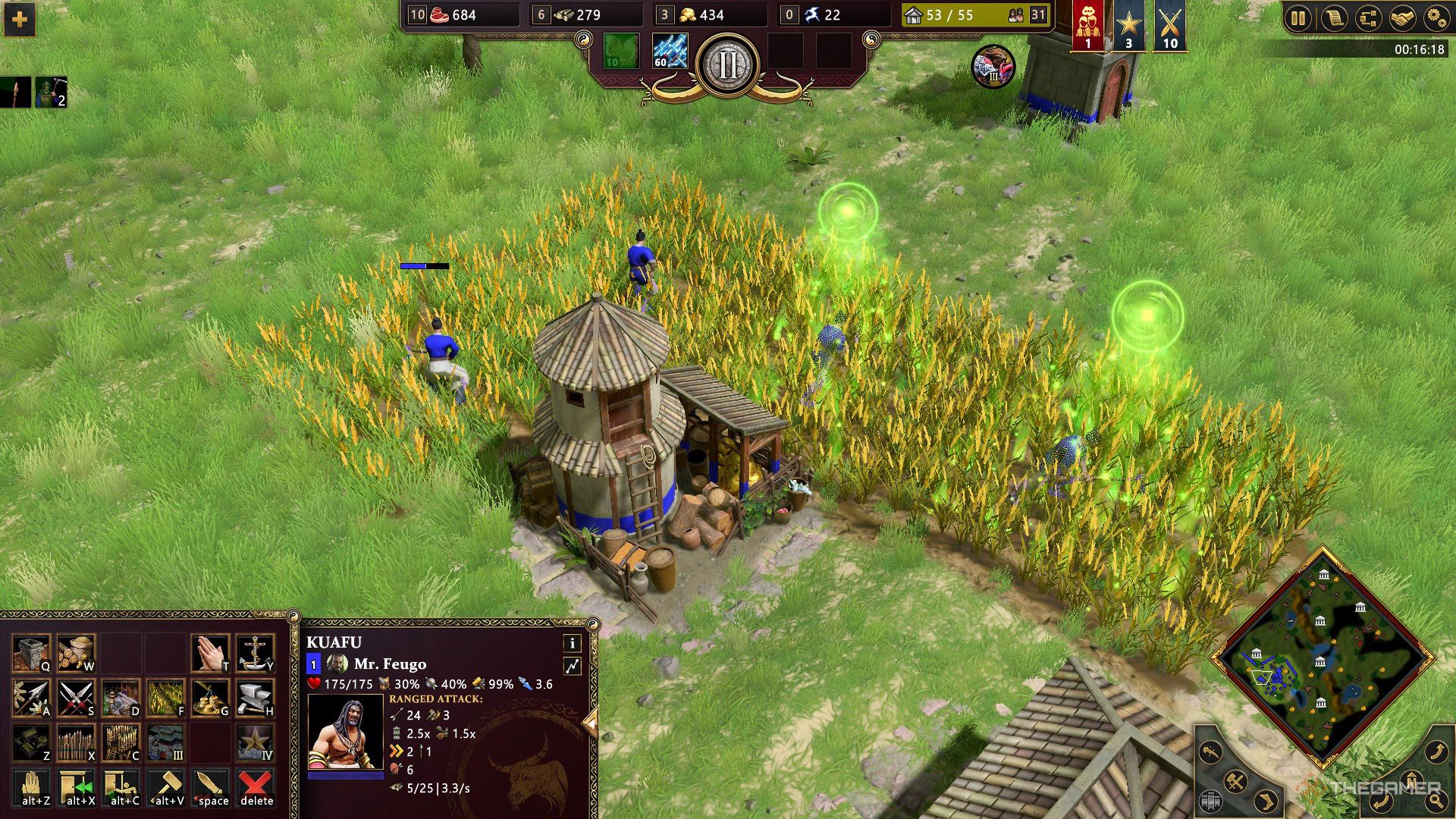 The player uses Prosperous Seeds god power and marks two farms in Age of Mythology - Retold