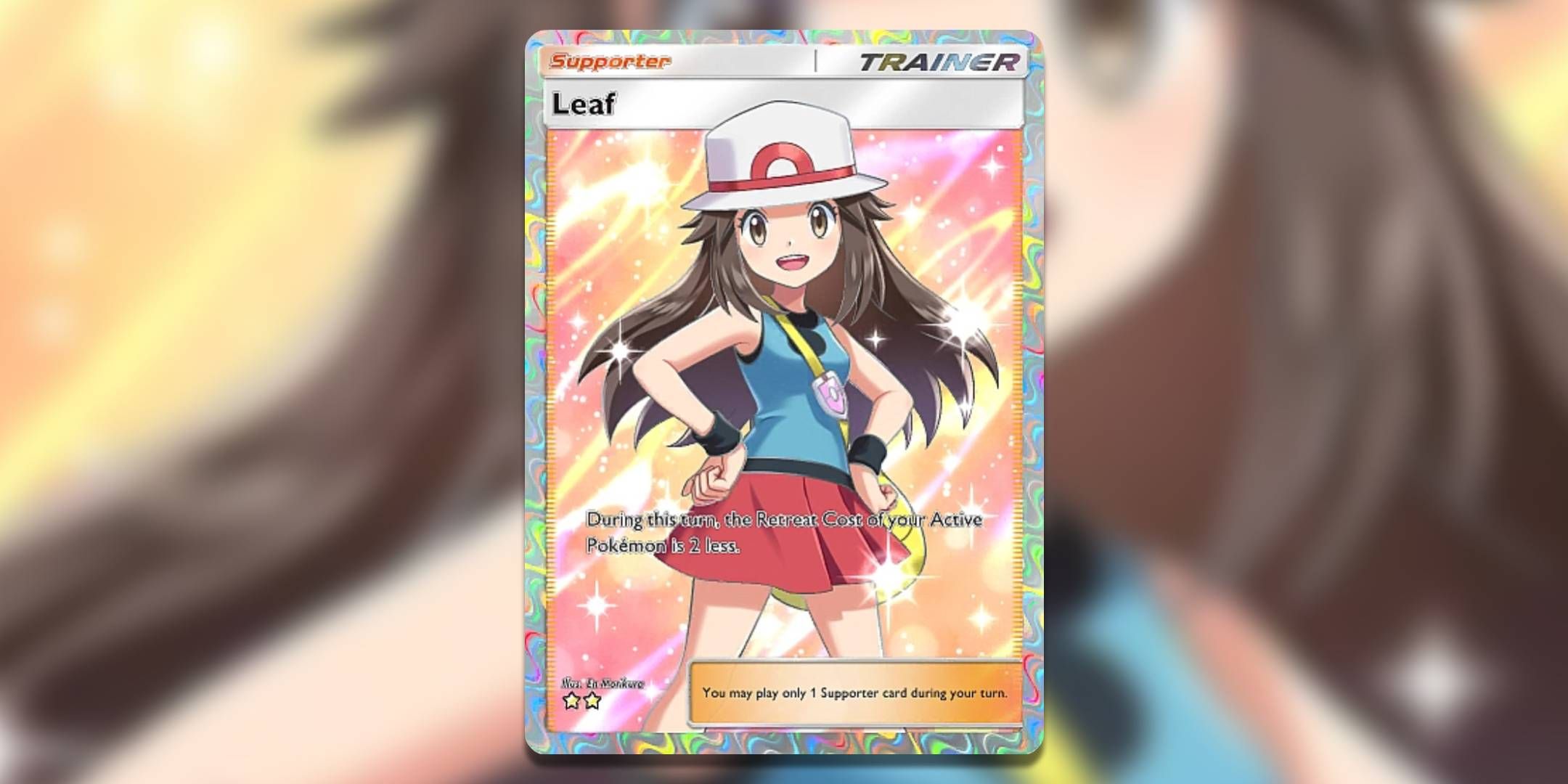 The Pokemon Pocket card Leaf full art by En Morikure.