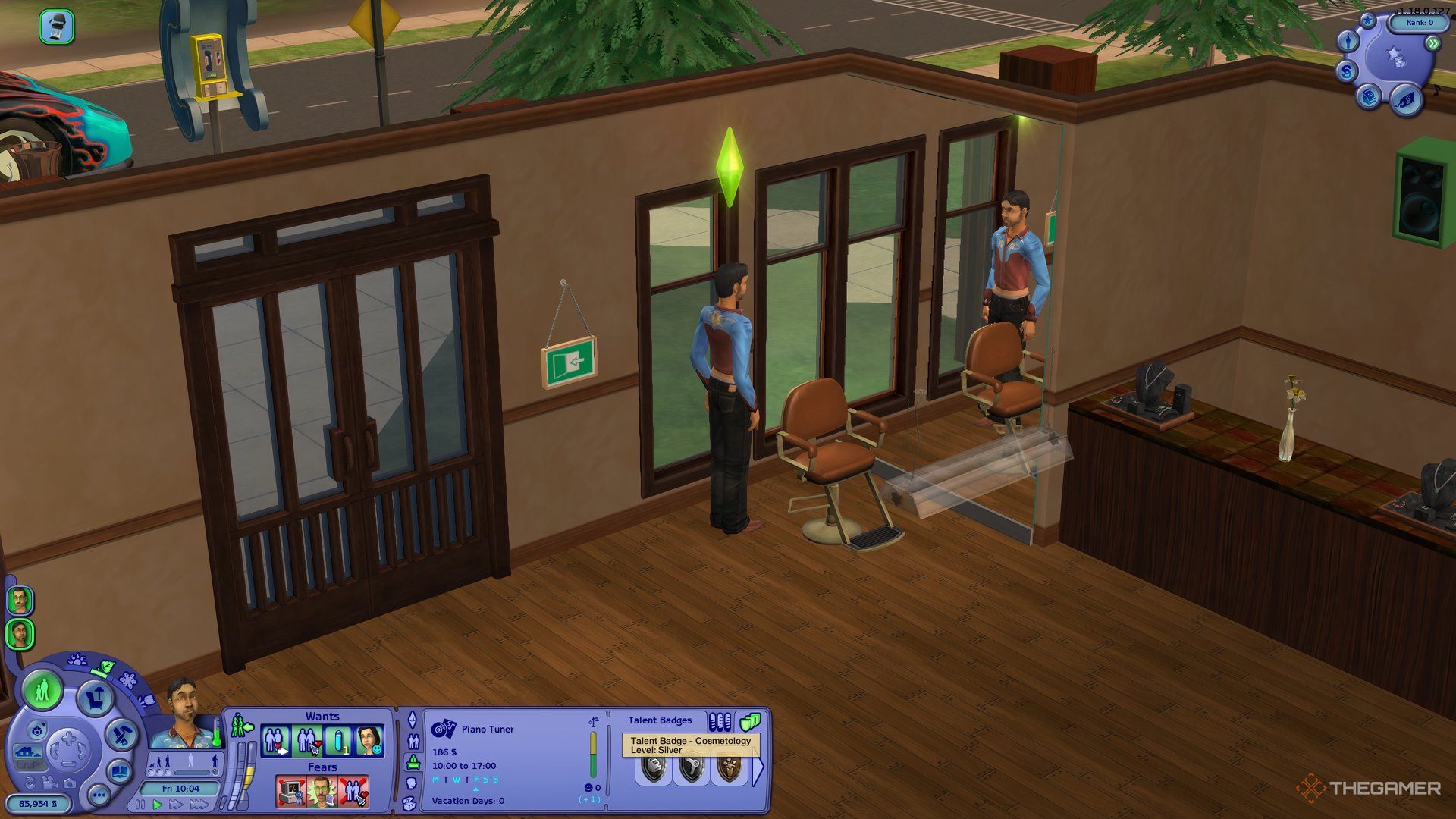 A Sim offering makeovers at the stylist chair with a silver cosmetology talent badge.