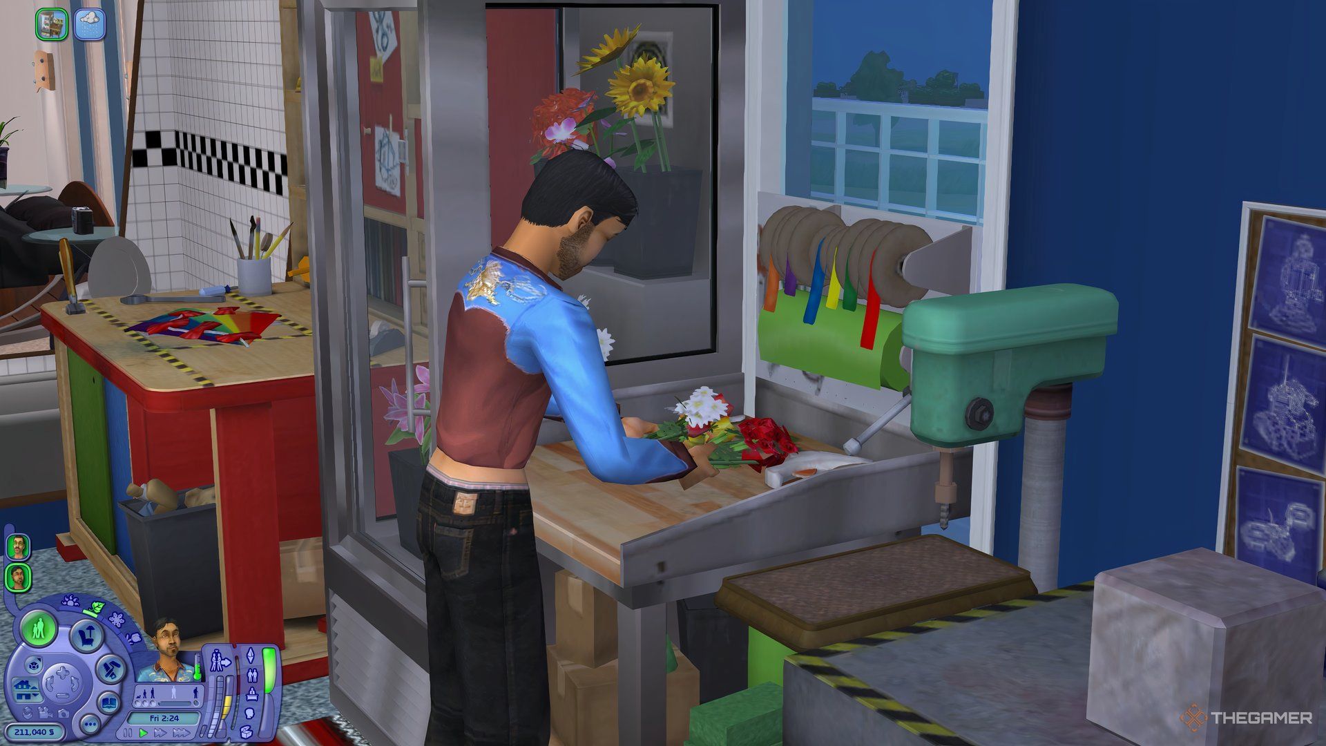 A Sim arranging flowers on a florist bench in The Sims 2.
