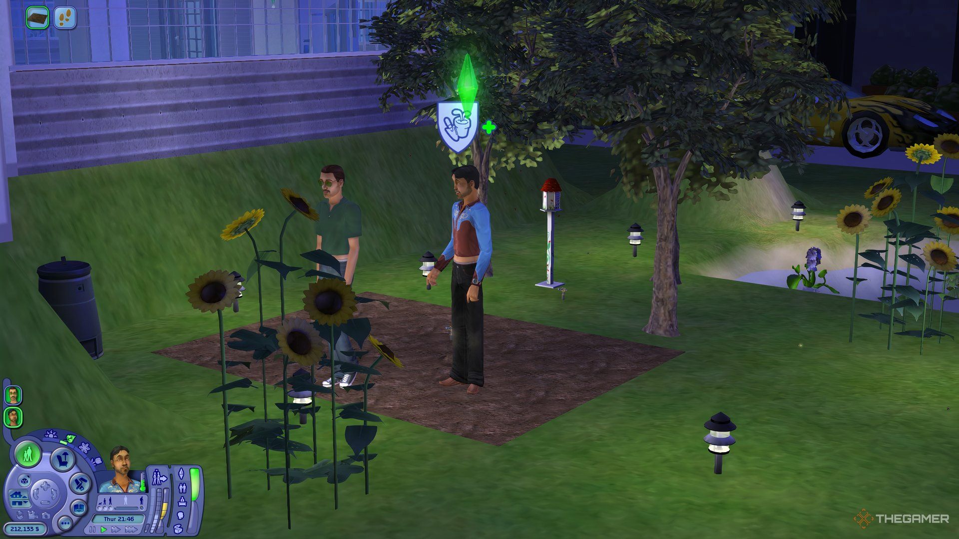 Two Sims gardening, with one visibly making progress towards a gardening talent badge.