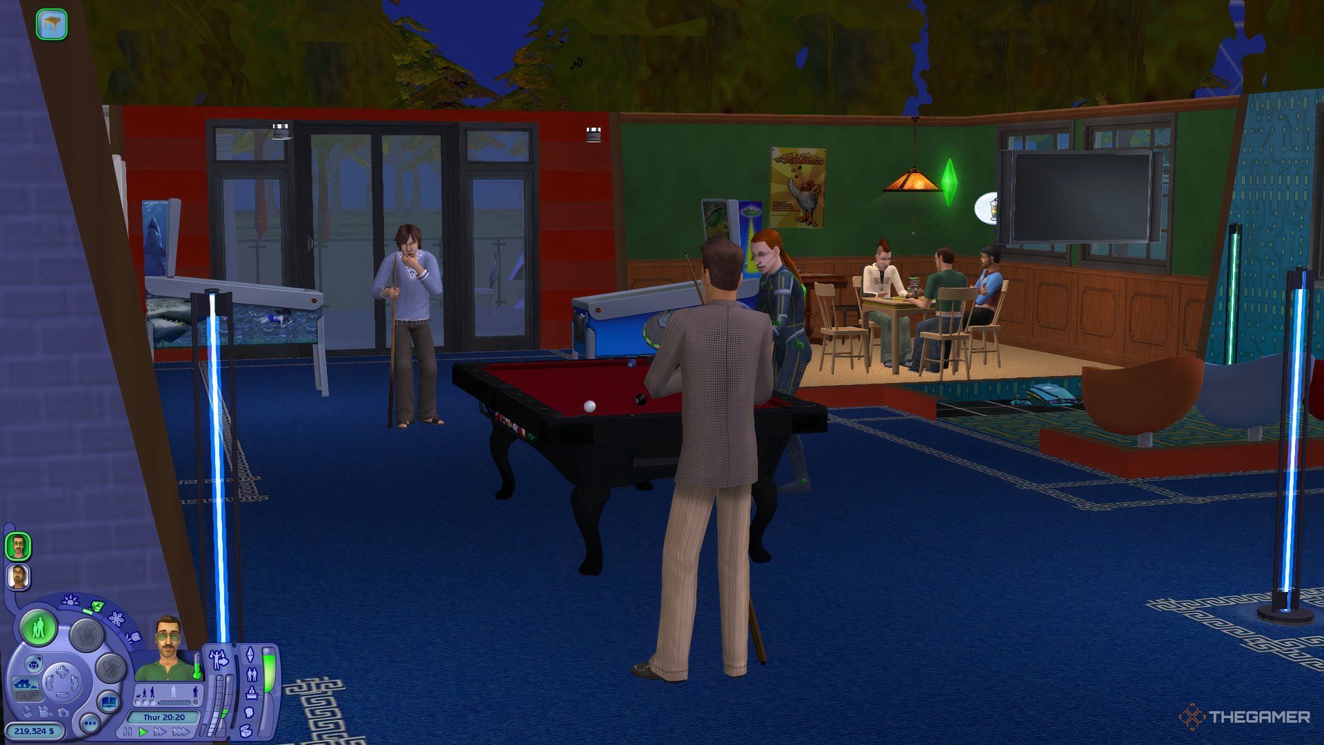Sims playing pool and don't wake the llama at the games hobby club in The Sims 2.