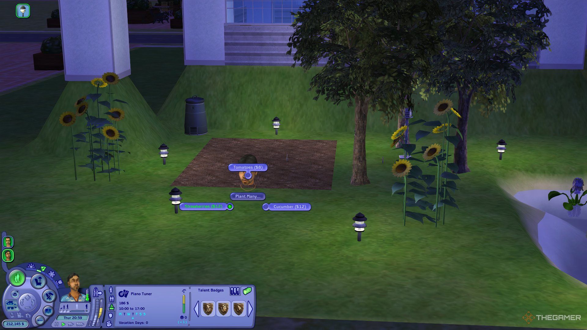 A garden in The Sims 2 with the Plant Strawberries option and talent badges visible.