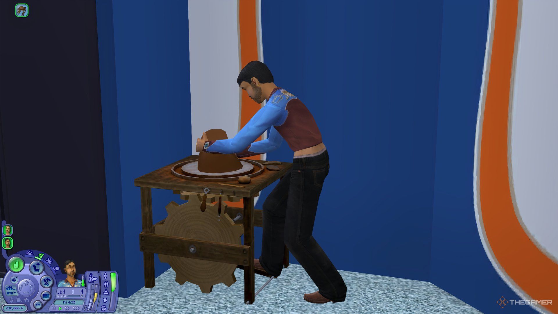A Sim using the pottery wheel in The Sims 2 to craft a vase.