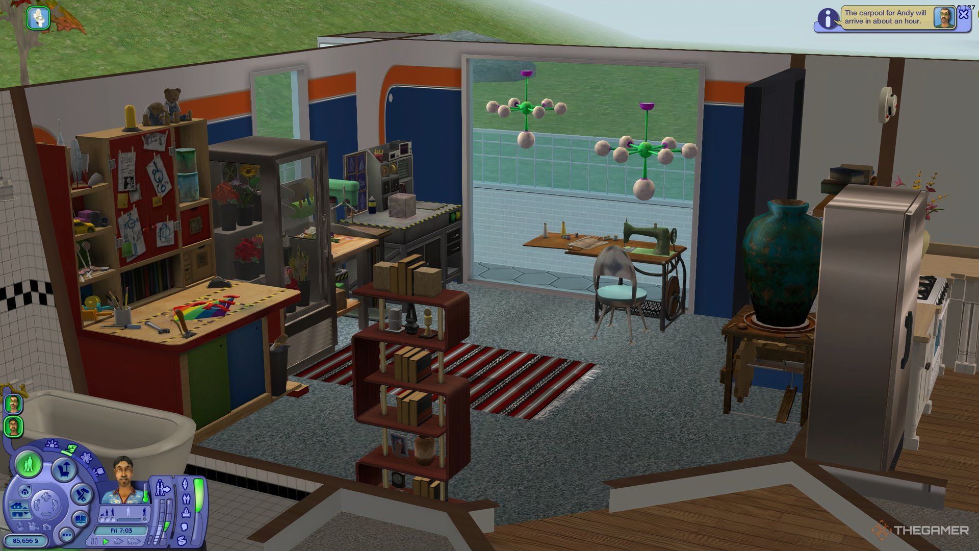 A room full of talent badge related furniture in The Sims, like the sewing machine.