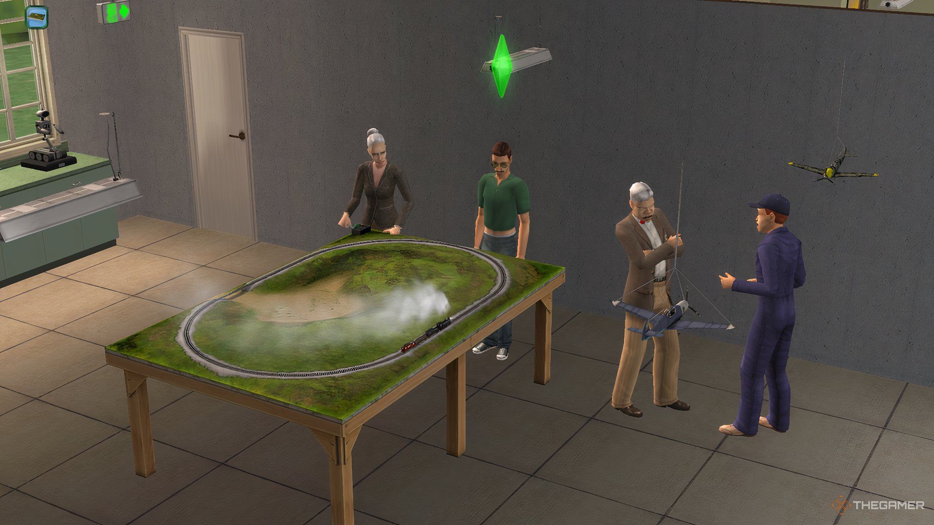 Sims gathering at the tinkering hobby club with an instructor mentoring a Sim.