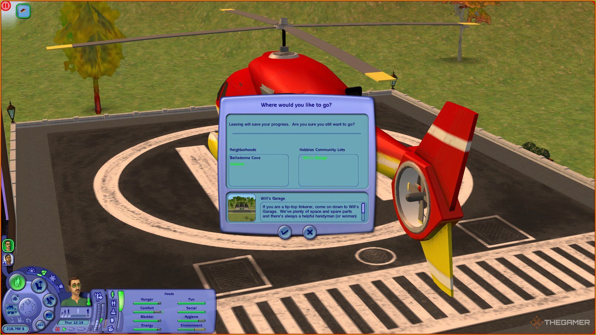 The travel menu in The Sims 2 showing the secret hobbies neighbourhood and club lots.
