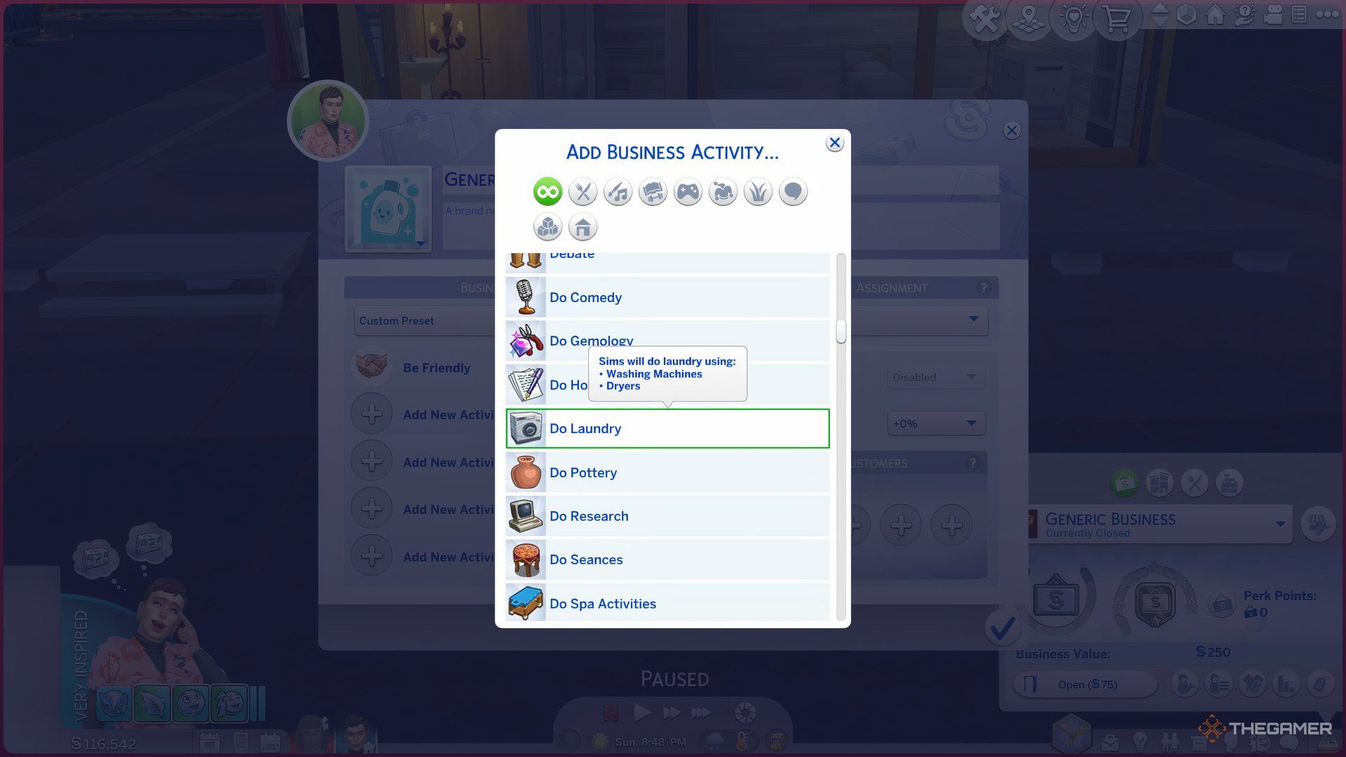 A screen showing the Do Laundry activity on the small business menu in The Sims 4.