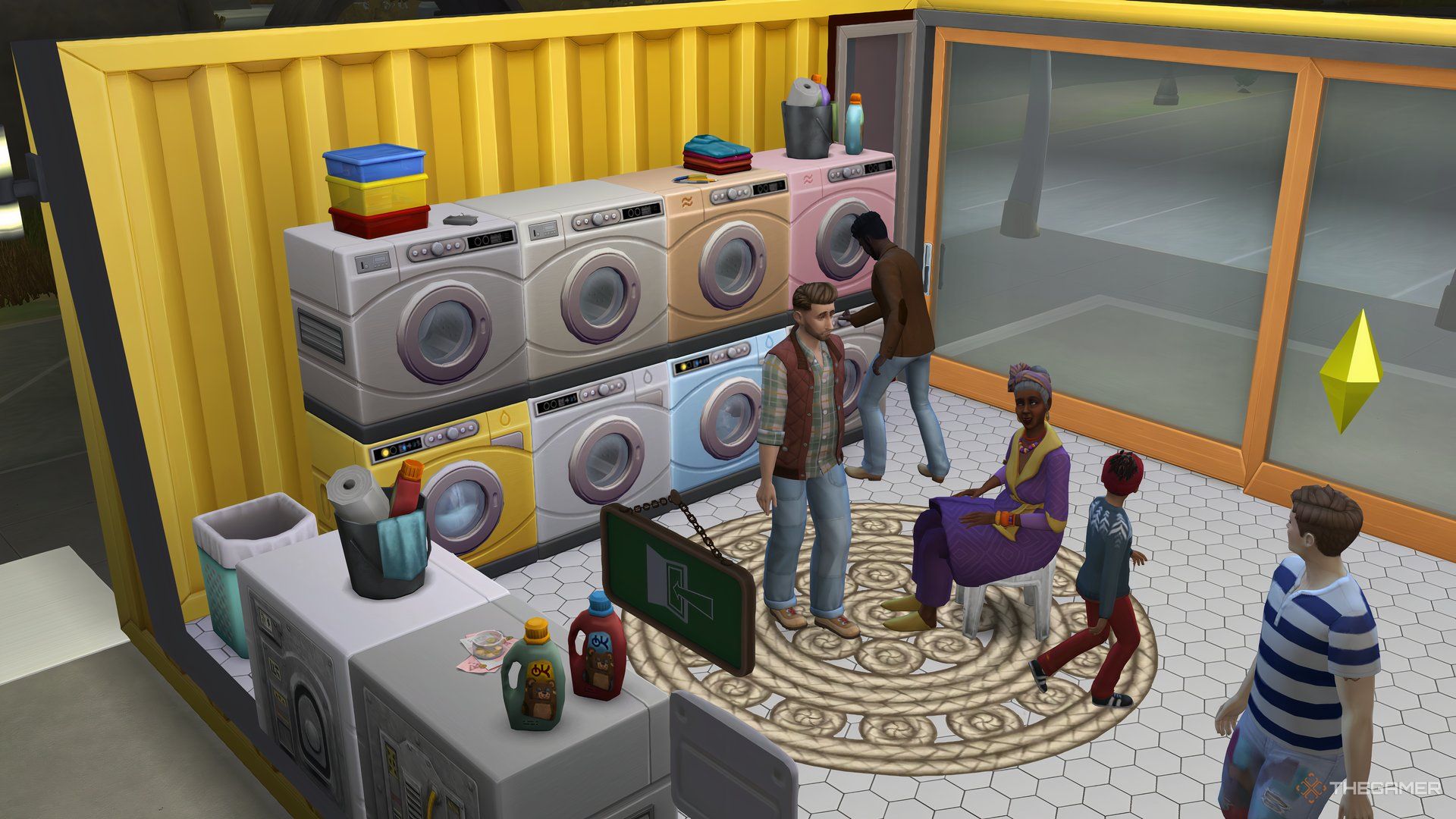 A lot of Sims gathered together in a laundromat in Evergreen Harbor, with laundry stuff.