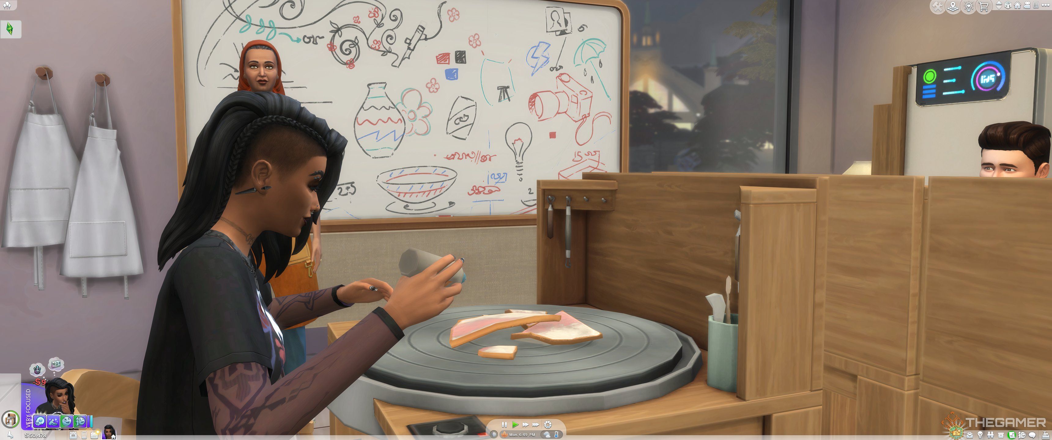 A Sim mending potter on a pottery wheel.