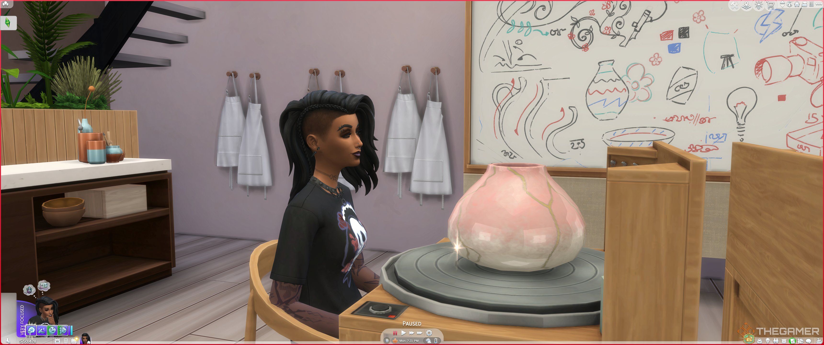 A sim sat with mended pottery.