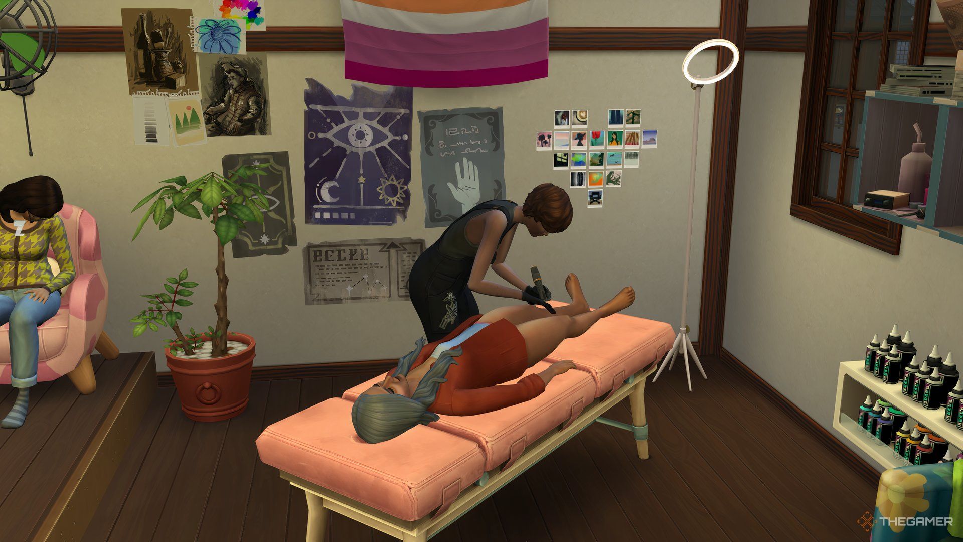 A tattoo artist in The Sims 4 Businesses and Hobbies giving a tattoo in a tattoo parlour.