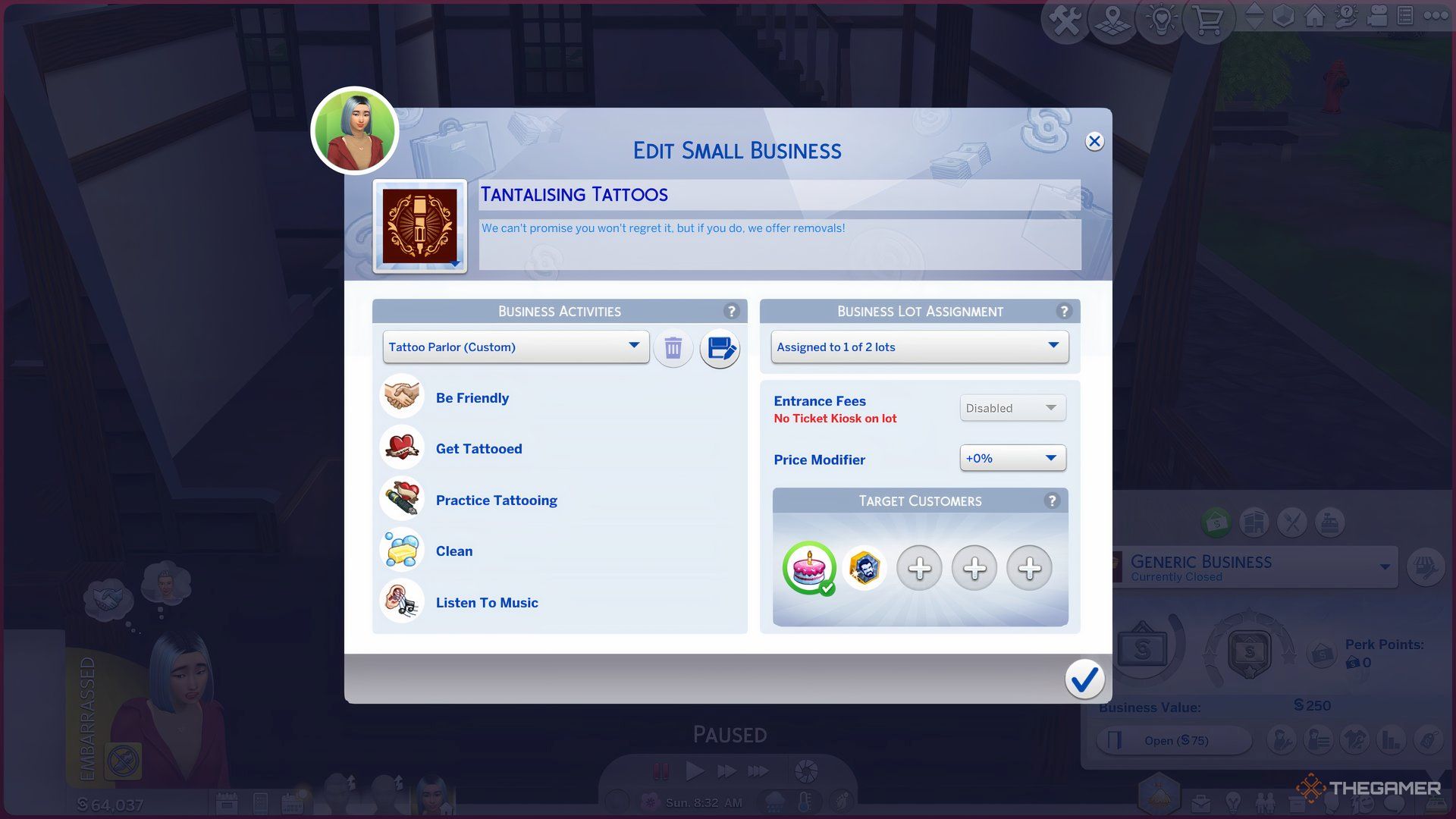 A menu showing a customised small business for a tattoo studio in The Sims 4 Businesses and Hobbies.