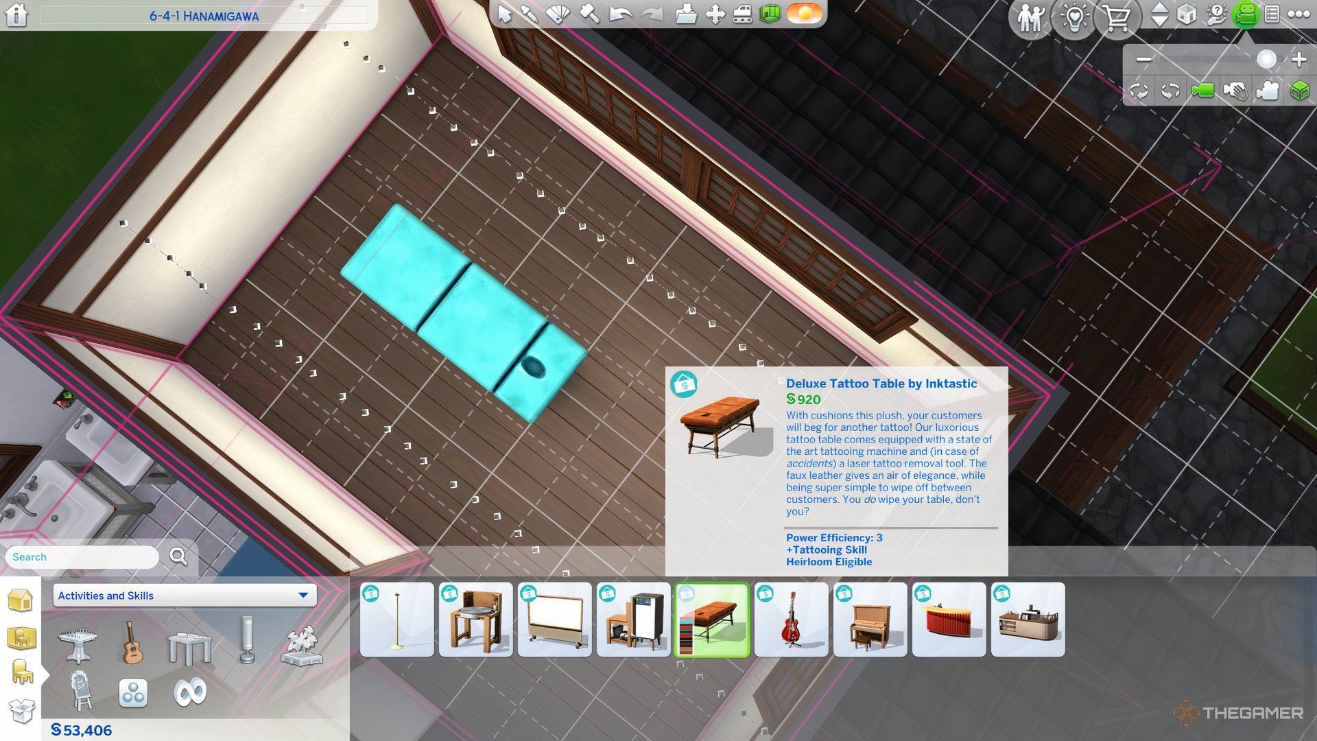 A buy mode view of a tattoo table in The Sims 4 Businesses and Hobbies showing the product description.