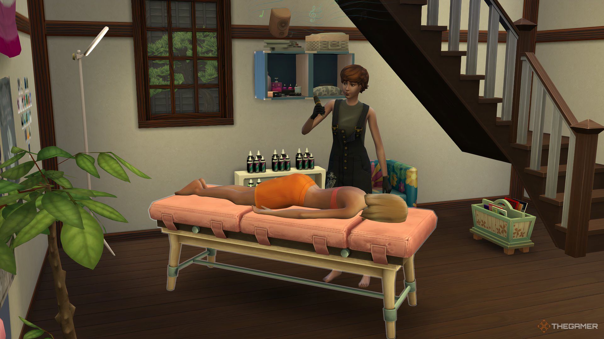 Nancy Landgrabb and a tattoo artist at a tattoo table in The Sims 4 Businesses and Hobbies.