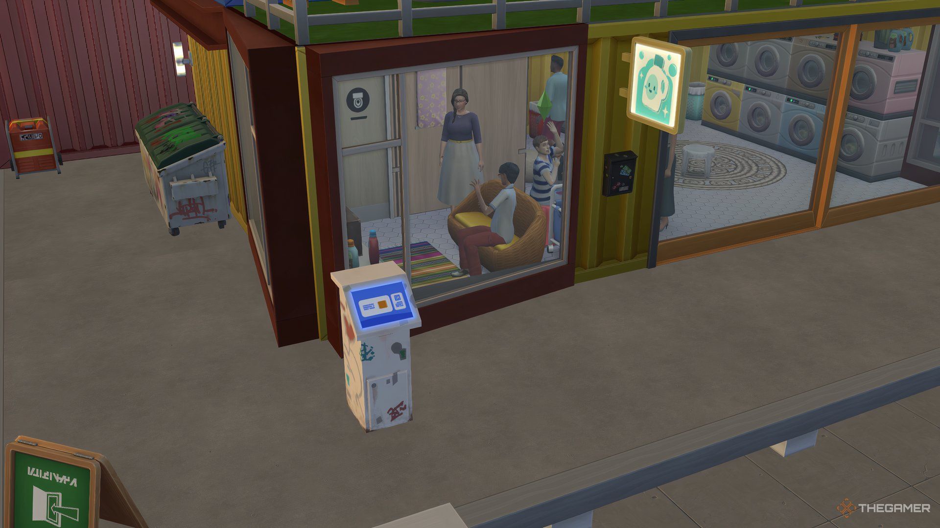 A ticket kiosk in The Sims 4 outside of a laundromat in Evergreen Harbor. Sims can be seen inside.