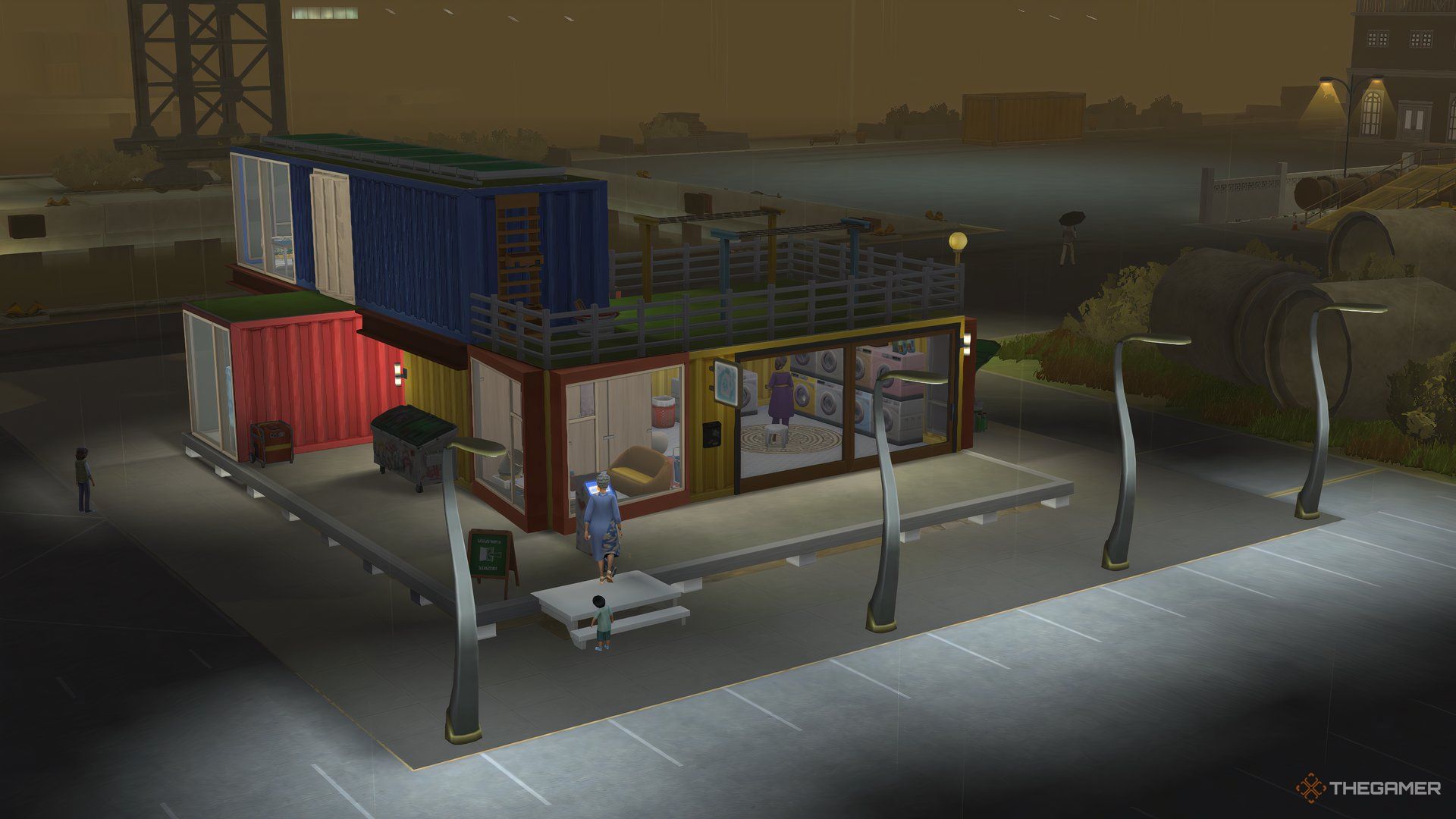 A laundromat in The Sims 4 built in a shipping container in Evergreen Harbor.