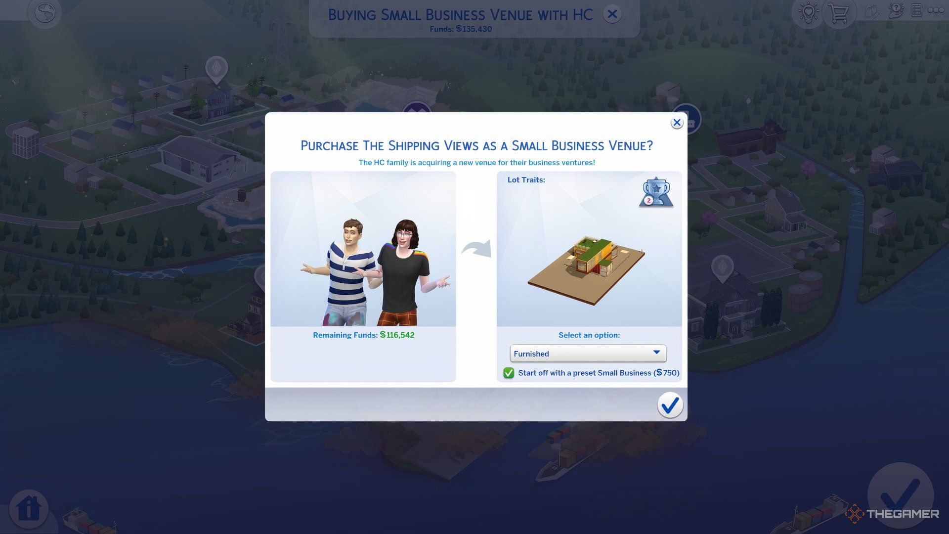 A screen showing how to purchase and register a small business venue in The Sims 4.