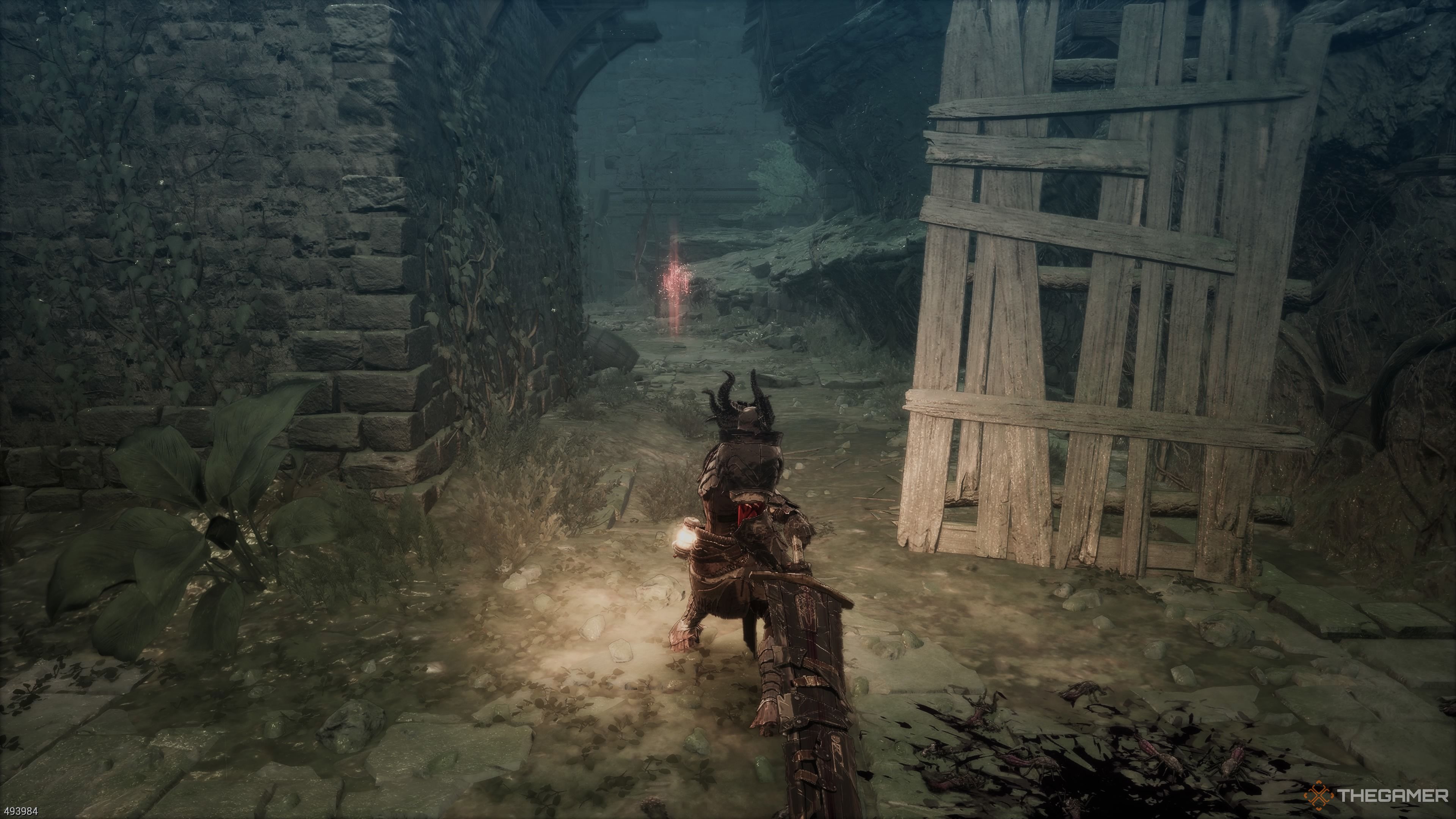 The wooden walls in the Commercial District section of the Witch's Castle stage in The First Berserker Khazan.