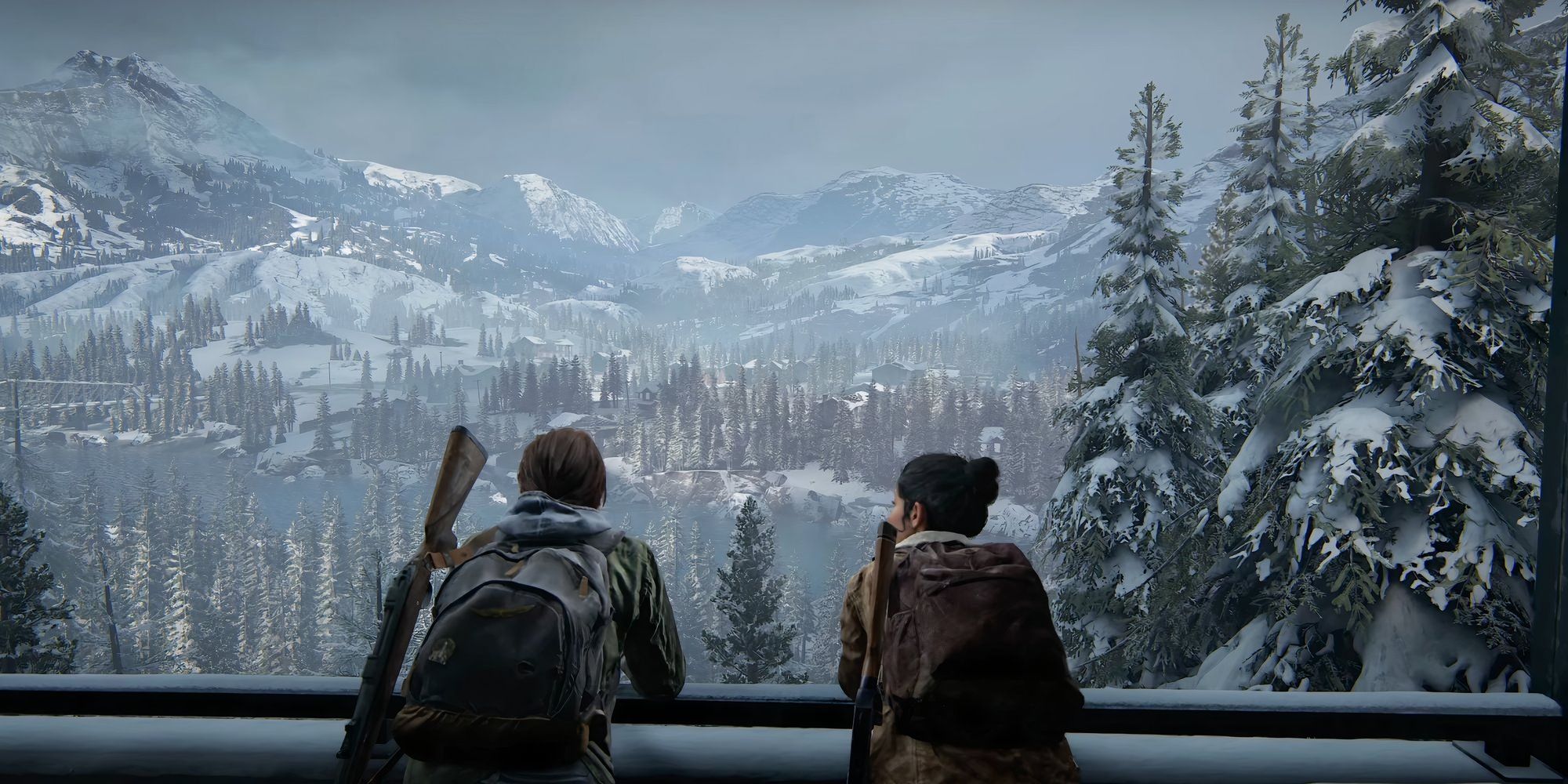 Ellie and Dina looking at the snow in The Last of Us Part 2.