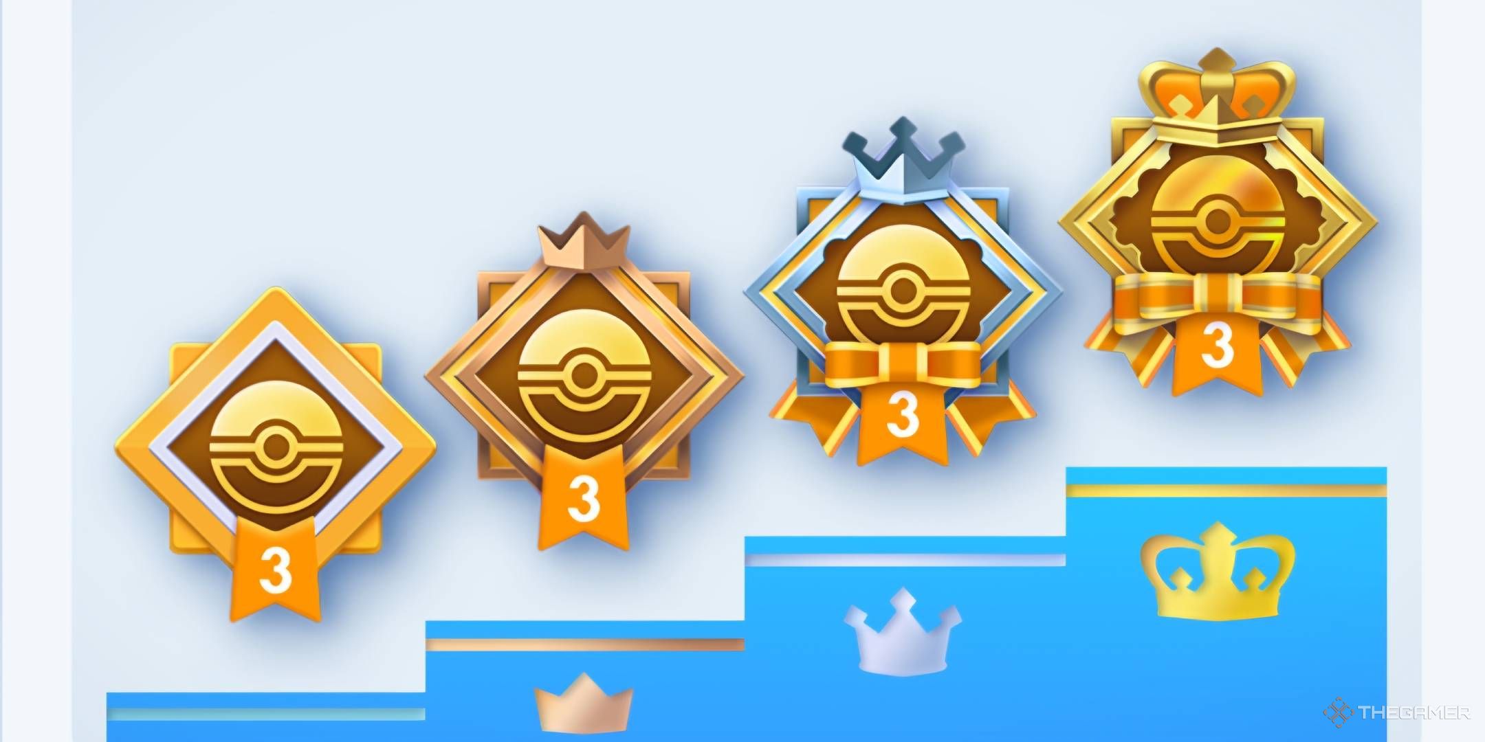 A blue podium showing, from left to right, the SP Participation, Bronze, Silver, and Gold emblems.
