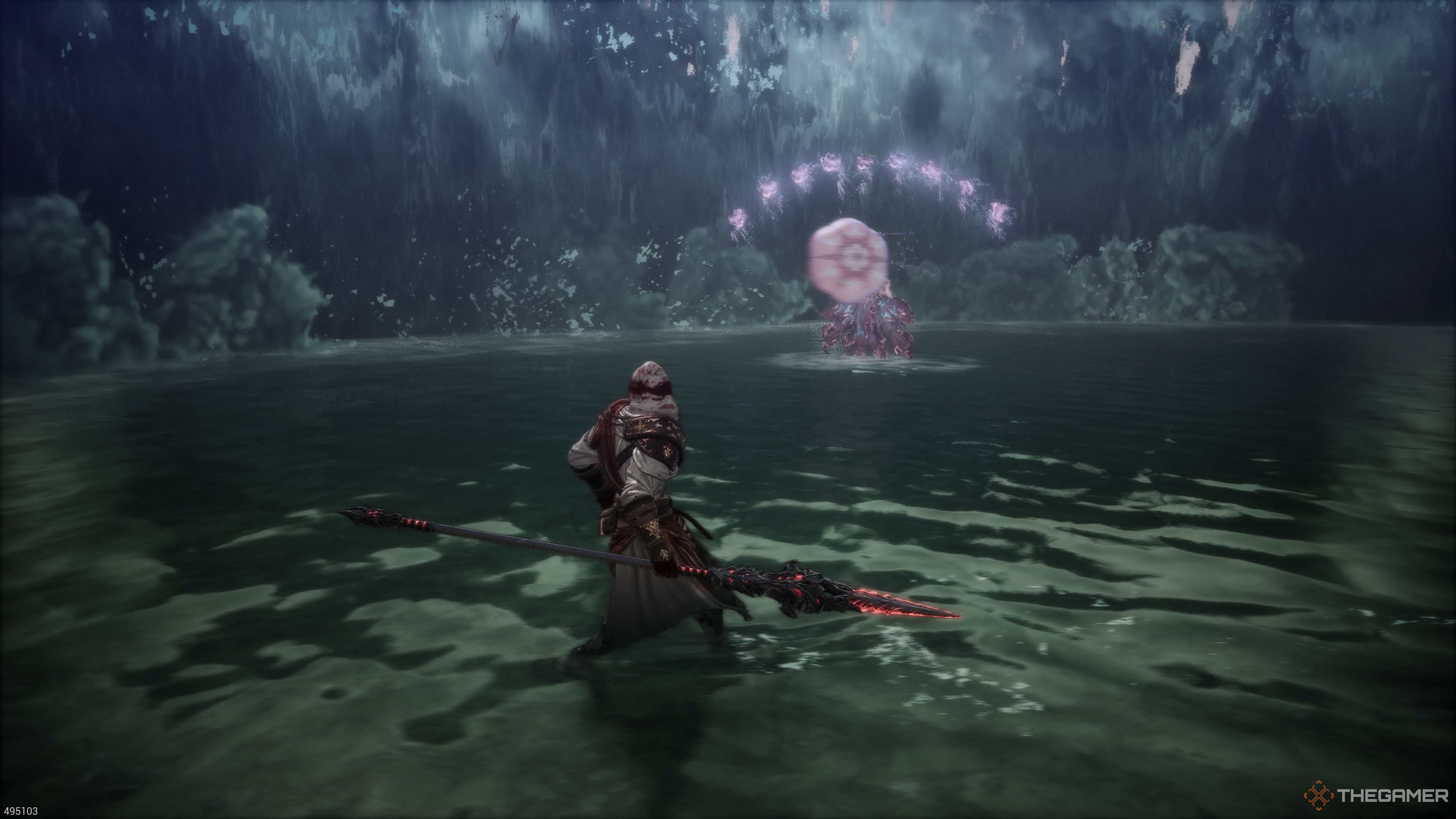 Trokka's converging projectile attack before she fires it off in The First Berserker Khazan.