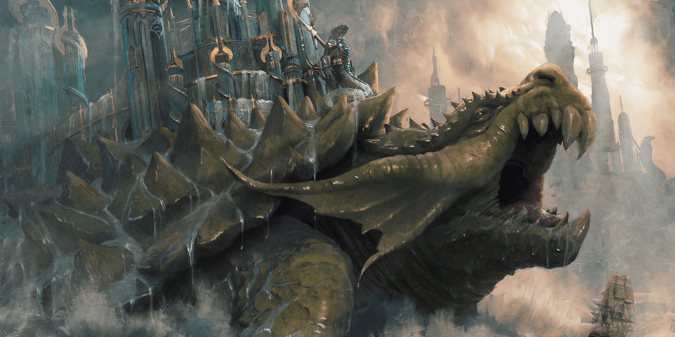 A gigantic turtle-like creature, carrying an entire city on its back, emerges from the depths of the ocean.