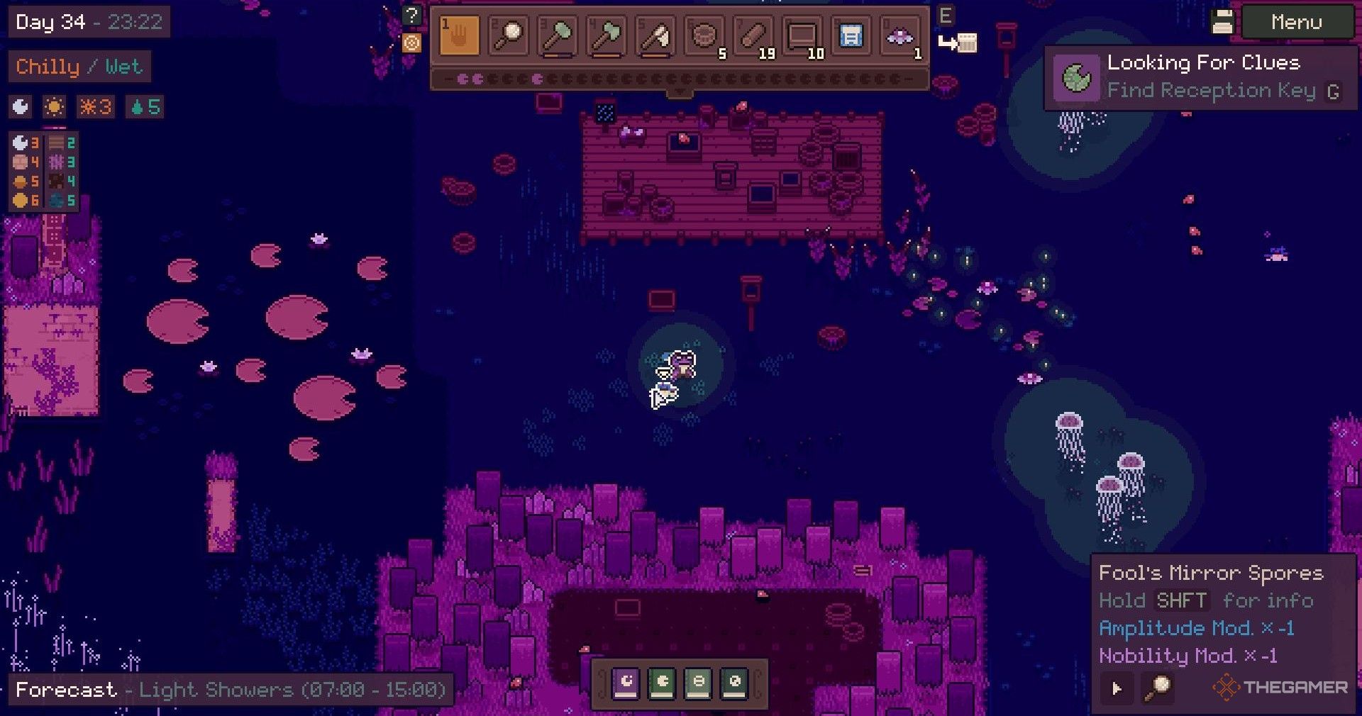 Using a magnifying glass on Fool's Mirror spores in the dream world in Mudborne.