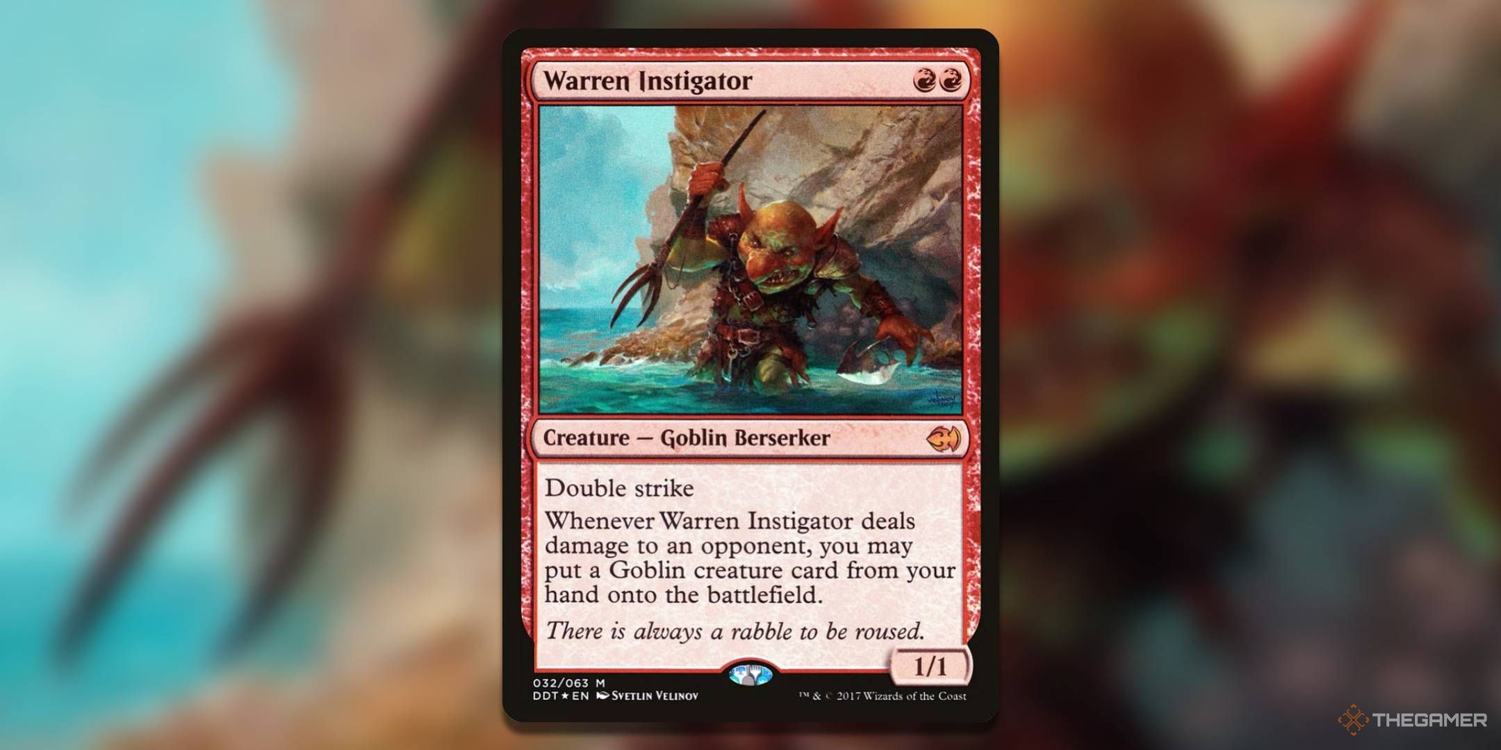 The Warren Instigator card, from Duel Decks: Merfolk vs. Goblins.