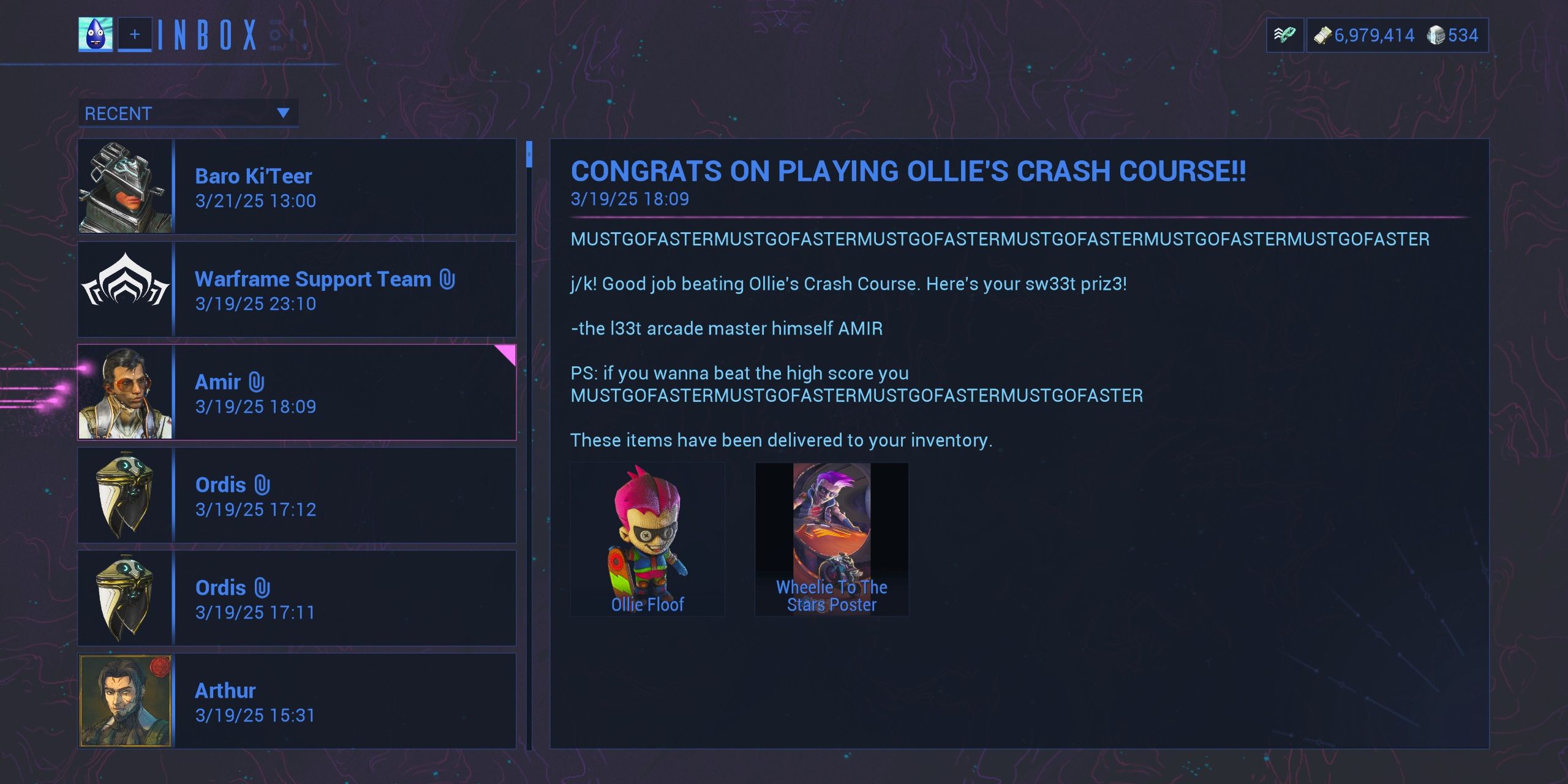 The Rewards in the tenno inbox for completing Ollie's Crash Course for the first time in Warframe.