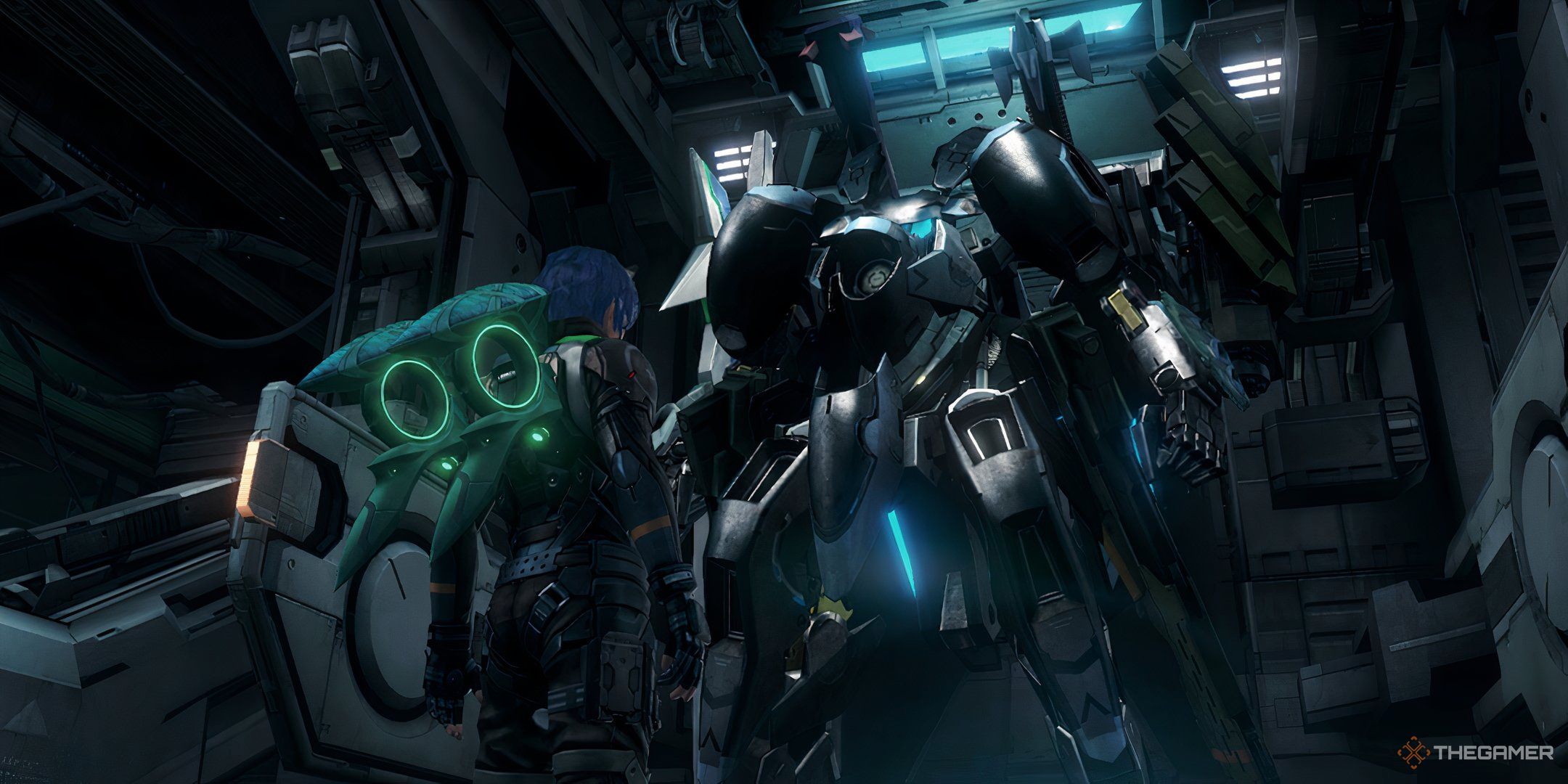 A screenshot of the player character looking at their personal Skell in Xenoblade Chronicles X: Definitive Edition.