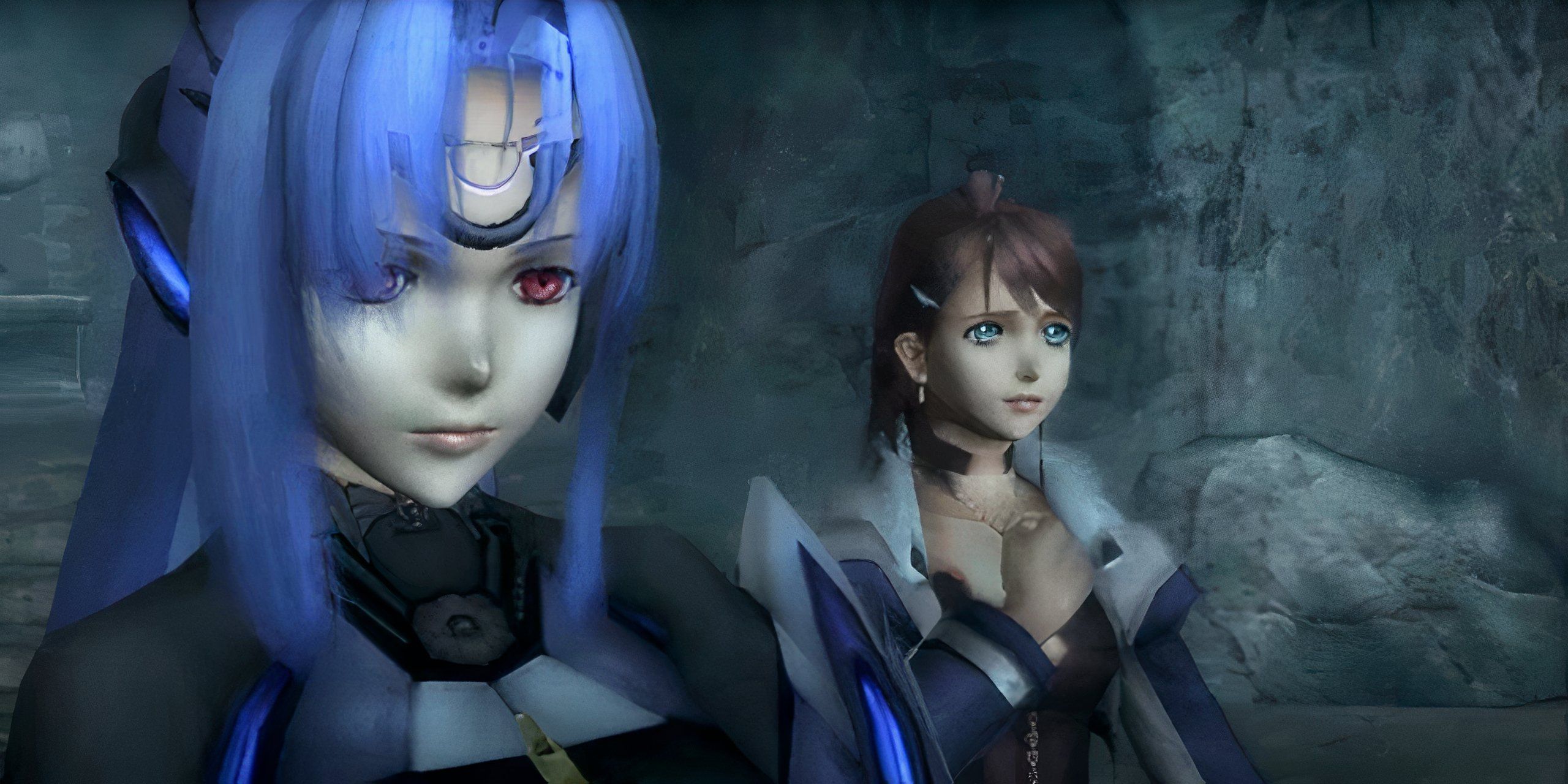 Kos Mos and Shion Uzuki standing in a dark cave from Xenosaga.
