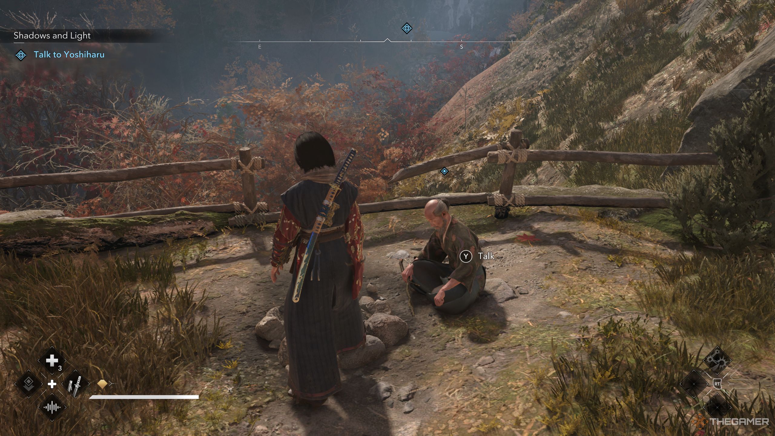 AC Shadows Naoe standing in front of Yoshiharu, who is sitting on the ground. 
