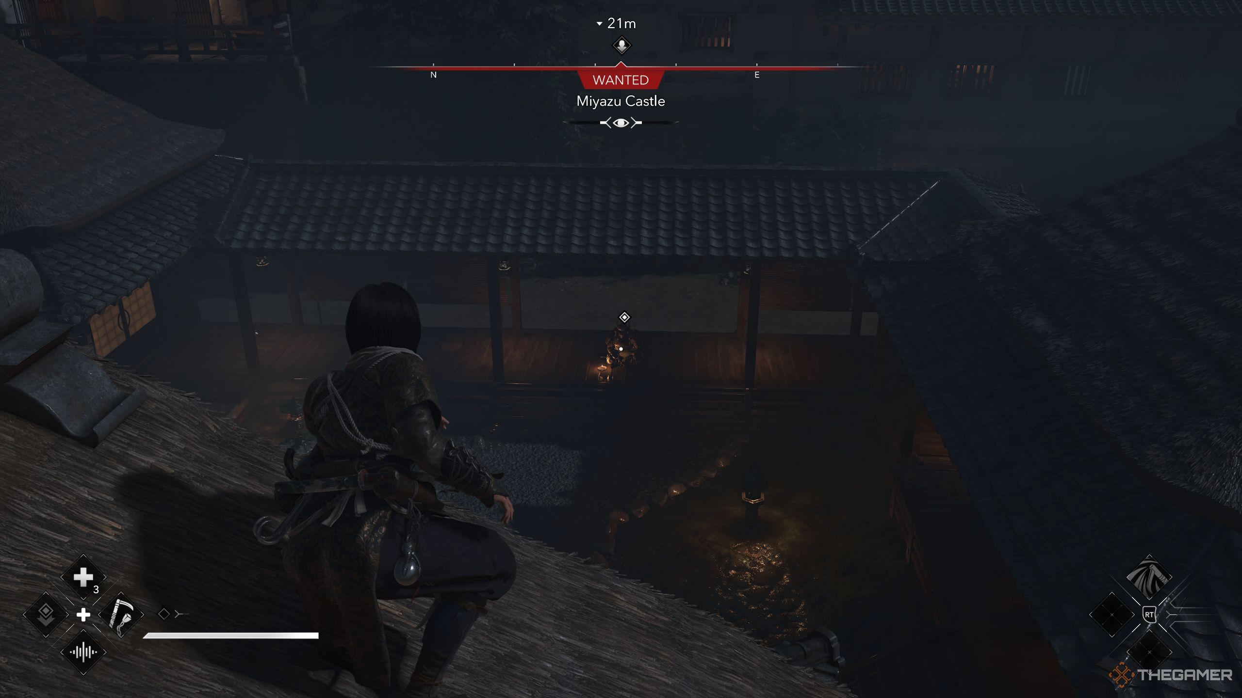 Naoe crouching in front of Yoshisada in AC Shadows.